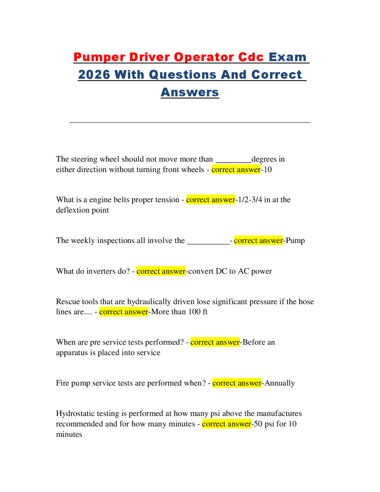 Pumper Driver Operator CDC Exam 2026 – Fire Apparatus Driving, Pump Testing &amp; Water Supply ...