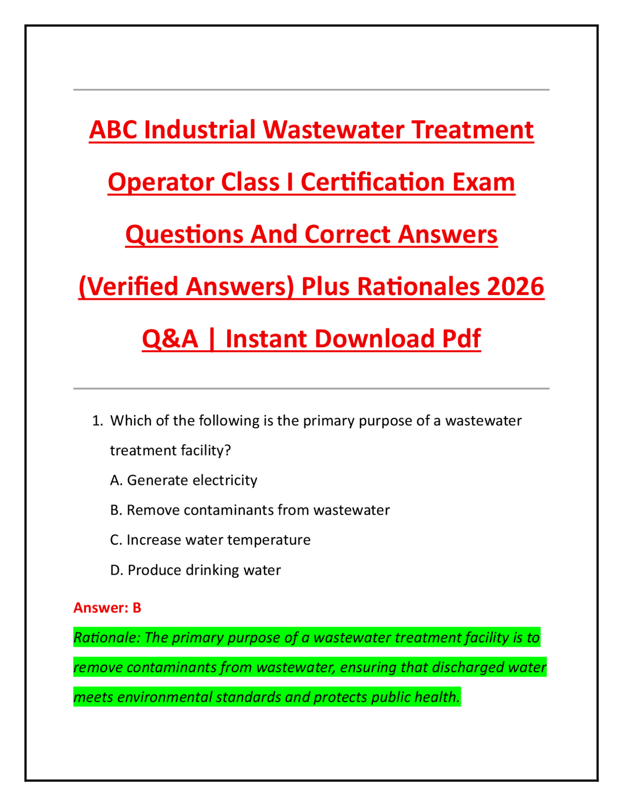 ABC Industrial Wastewater Treatment Operator Class I Certification Exam ...