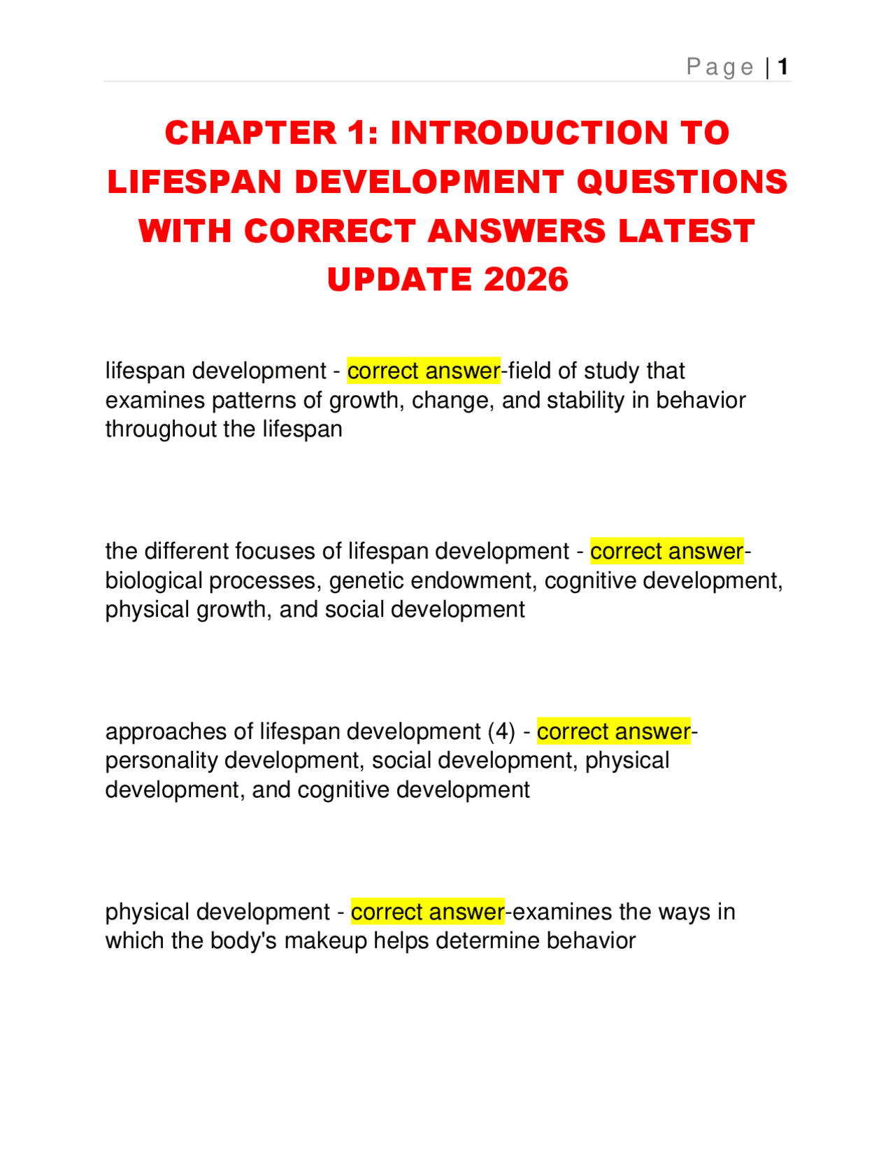 CHAPTER 1: INTRODUCTION TO LIFESPAN DEVELOPMENT QUESTIONS WITH CORRECT ...