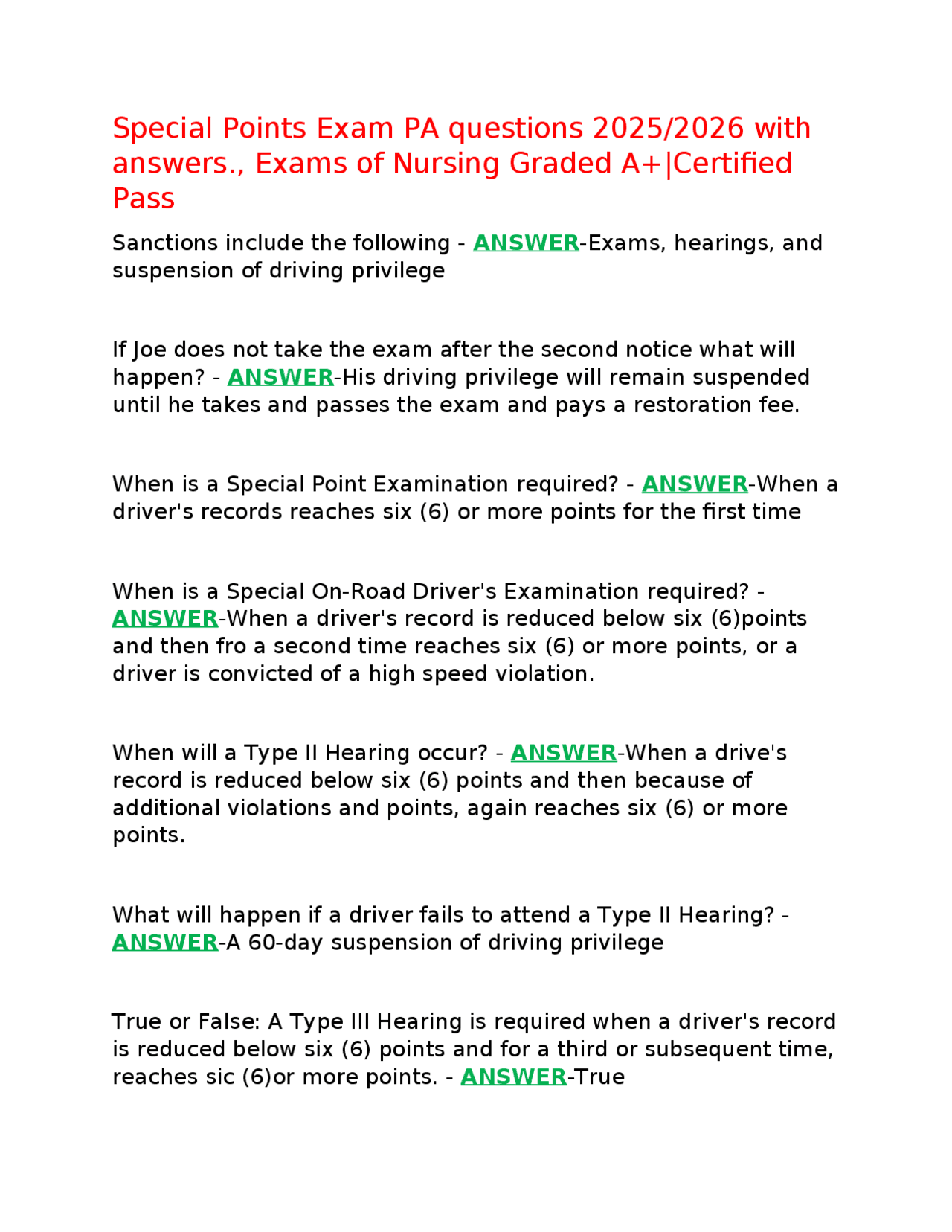 Special Points Exam PA questions 2025/2026 with answers., Exams of Nursing Graded A+|Certi ...