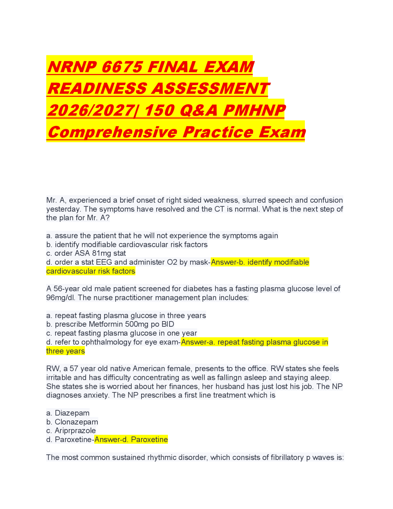 NRNP 6675 FINAL EXAM READINESS ASSESSMENT 2026/2027| 150 Q&A PMHNP ...