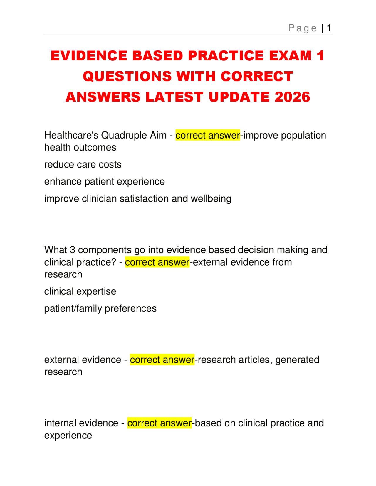 EVIDENCE BASED PRACTICE EXAM 1 QUESTIONS WITH CORRECT ANSWERS LATEST ...