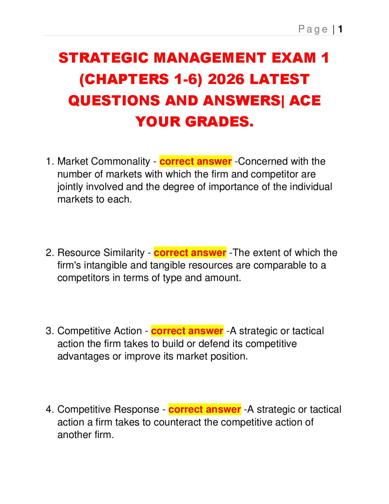 STRATEGIC MANAGEMENT EXAM 1 (CHAPTERS 1-6) 2026 LATEST QUESTIONS AND ...