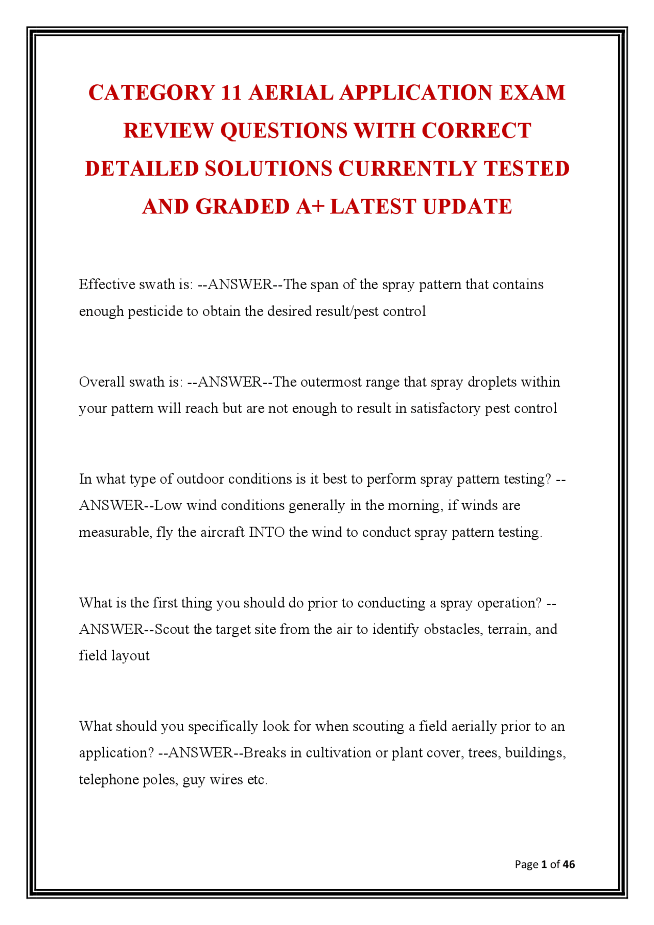CATEGORY 11 AERIAL APPLICATION EXAM REVIEW QUESTIONS WITH CORRECT ...