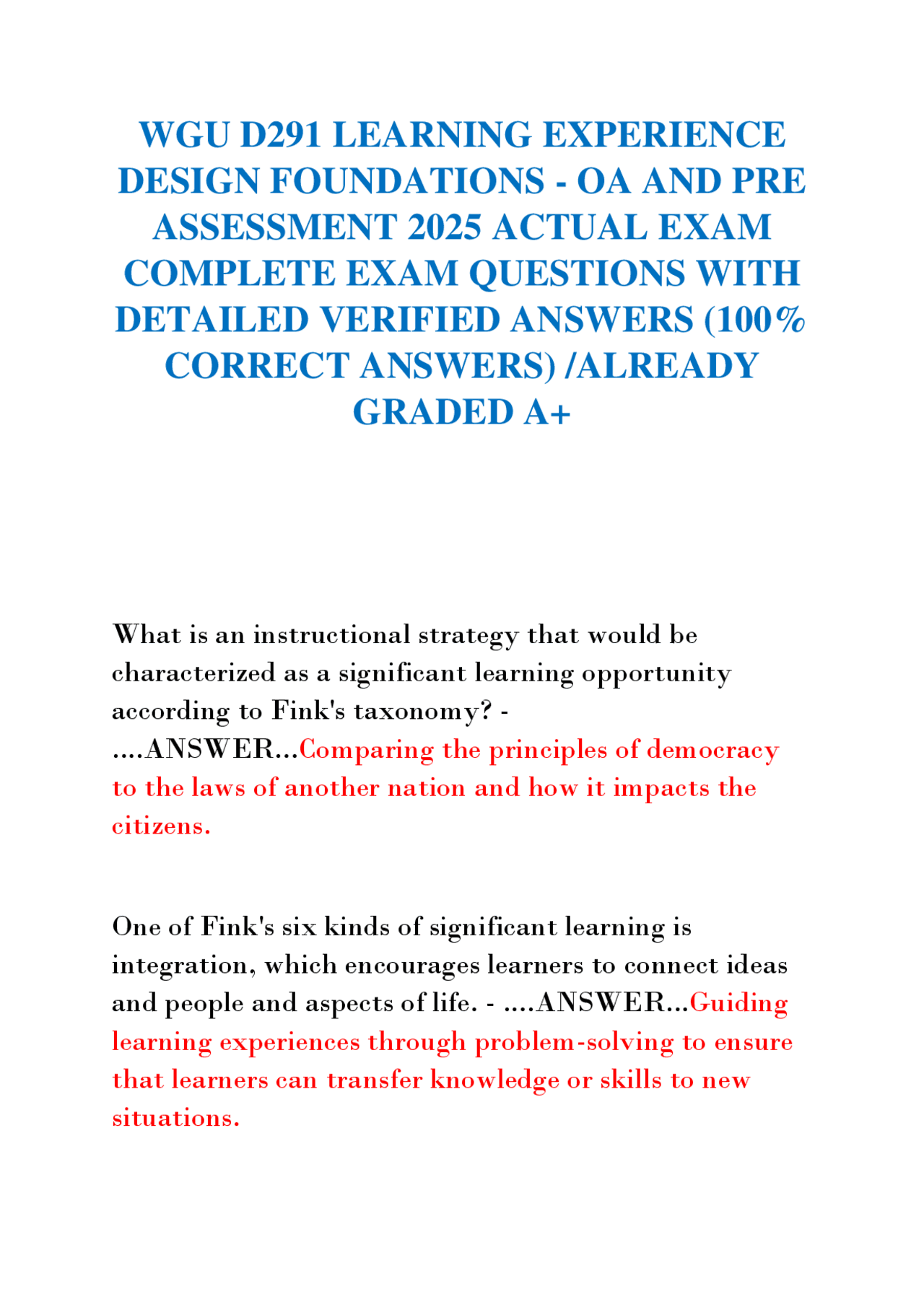 WGU D291 LEARNING EXPERIENCE DESIGN FOUNDATIONS - OA AND PRE ASSESSMENT ...