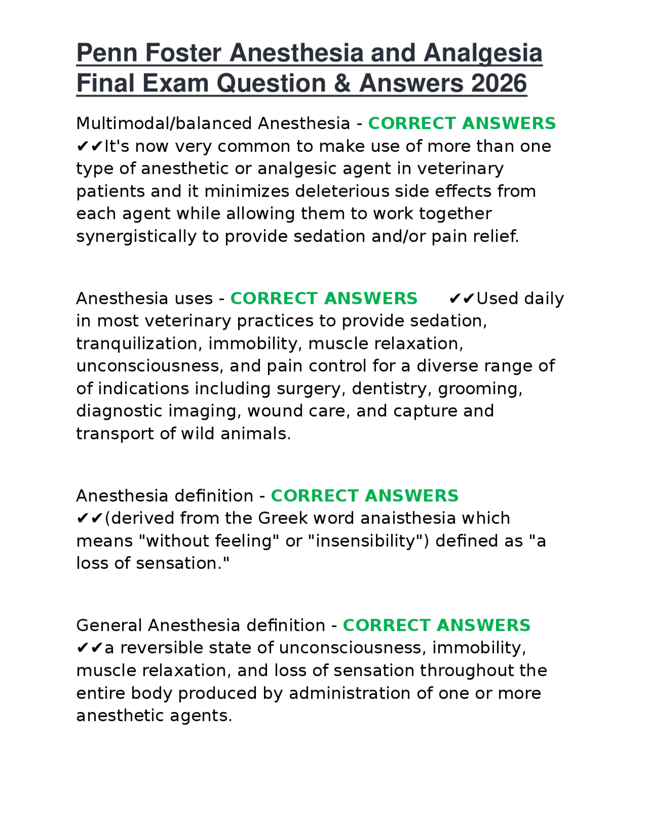 Penn Foster Anesthesia and Analgesia Final Exam Question &amp; Answers 2026 | Exams Nursing | Docsity