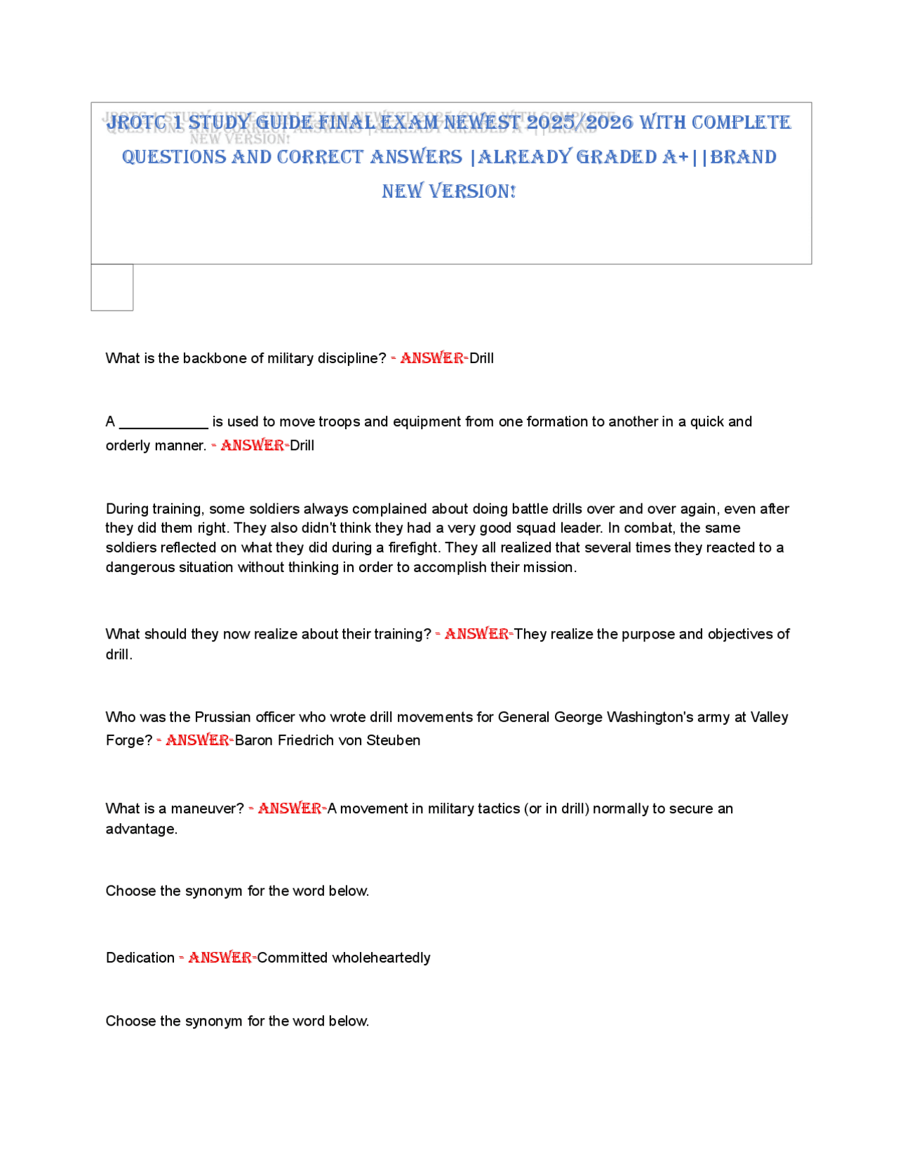 JROTC 1 STudy Guide Final exam neweST 2025/2026 wiTh COmpleTe QueSTiOnS ...