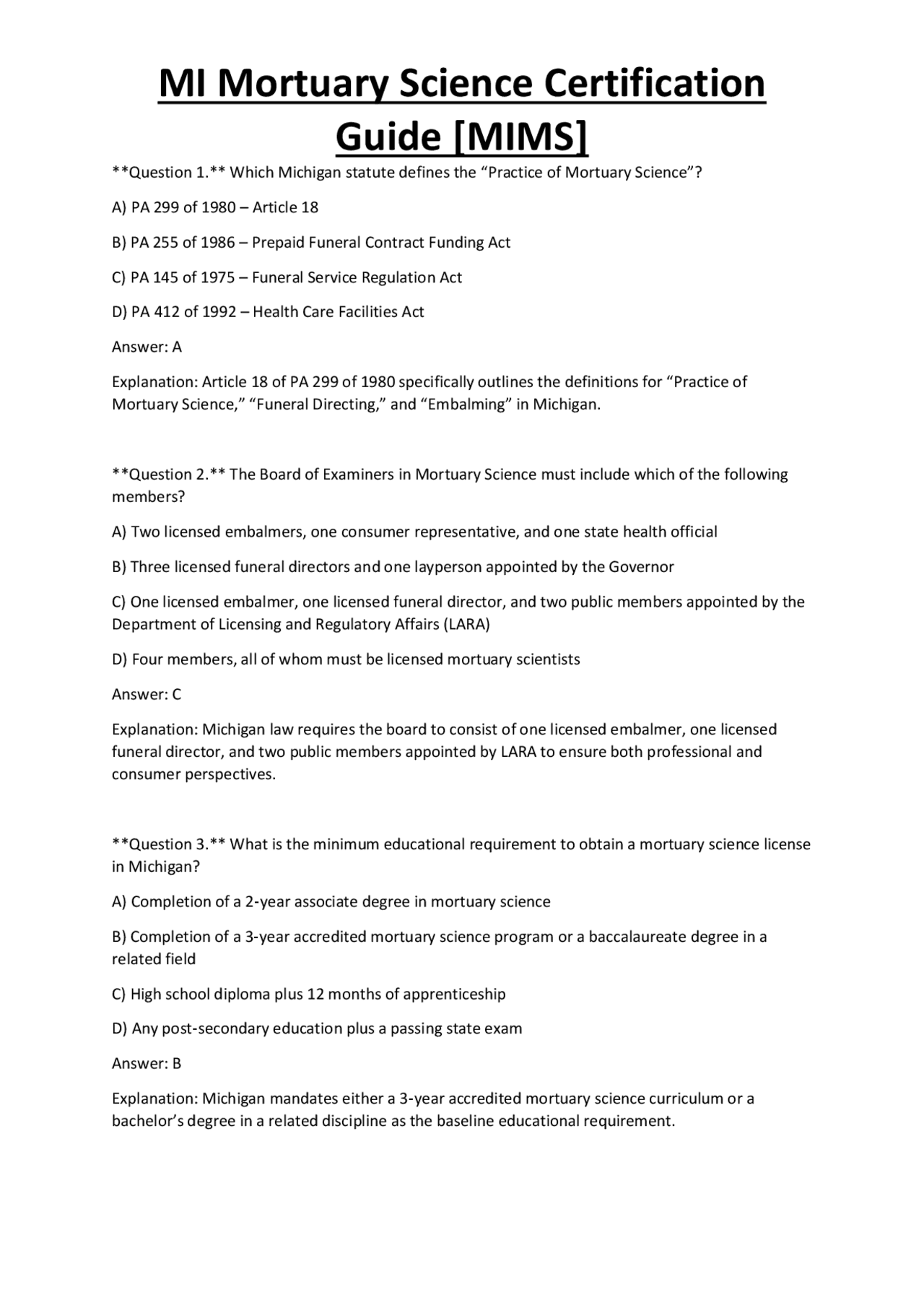 MI Mortuary Science Certification Guide [MIMS] | Exams Technology | Docsity