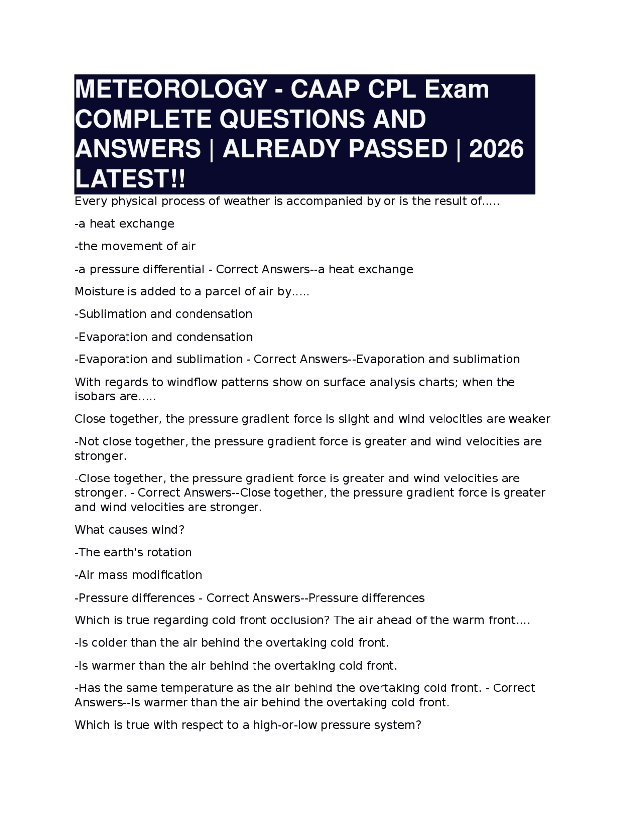METEOROLOGY - CAAP CPL Exam COMPLETE QUESTIONS AND ANSWERS | ALREADY ...
