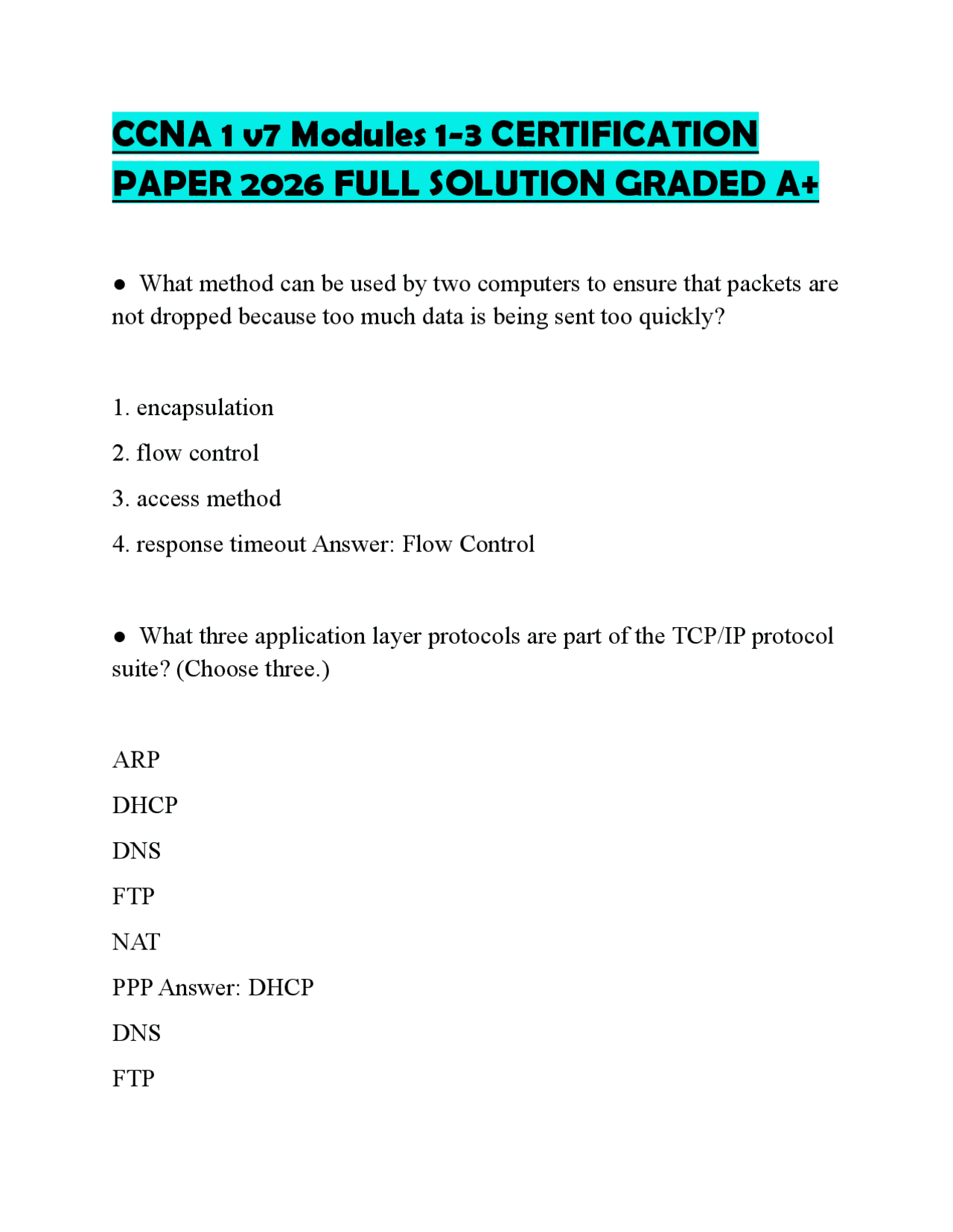 CCNA 1 v7 Modules 1-3 CERTIFICATION PAPER 2026 FULL SOLUTION GRADED A+ ...