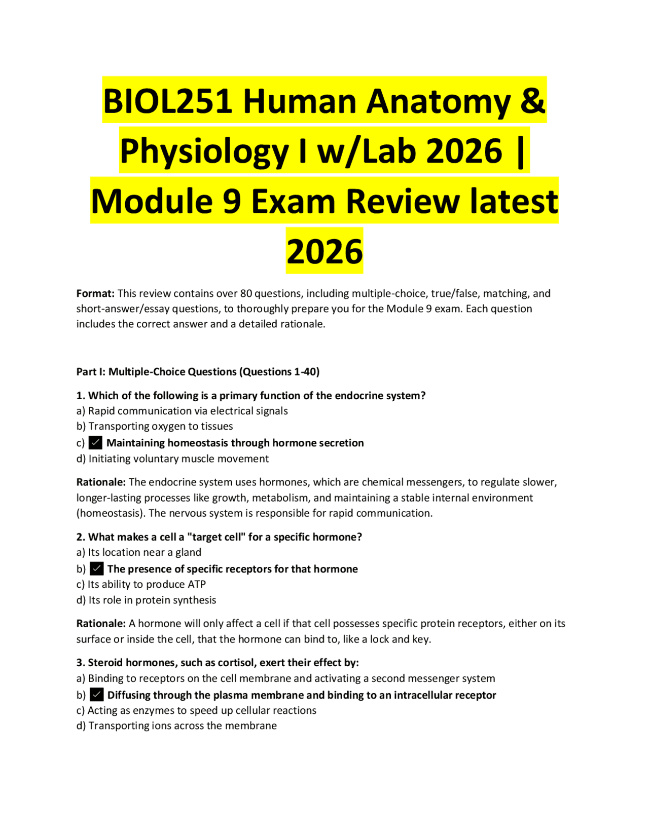 BIOL251 Human Anatomy & Physiology I w/Lab 2026 | Module 9 Exam Review ...
