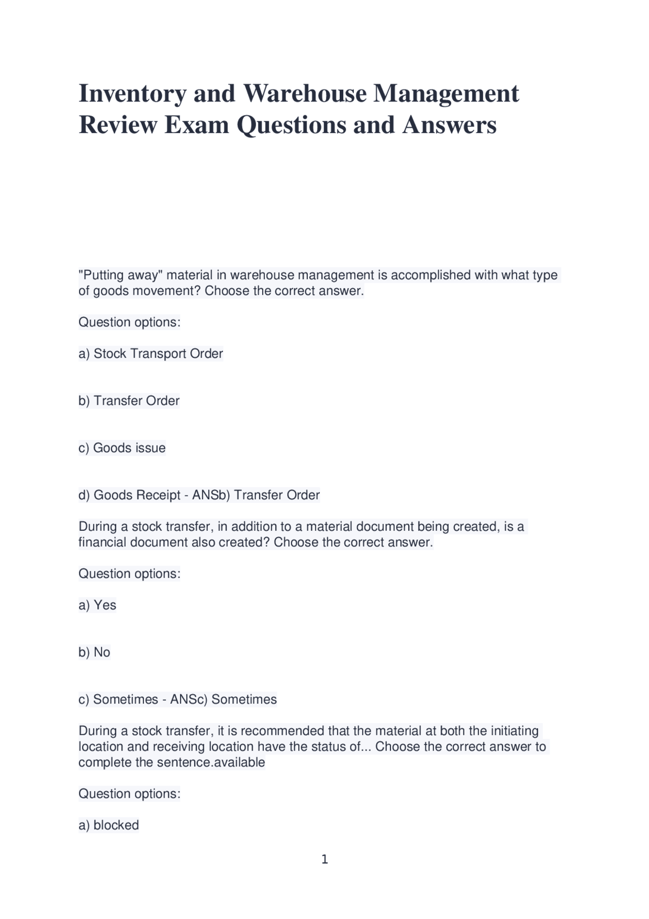 Inventory and Warehouse Management Review Exam Questions and Answers ...
