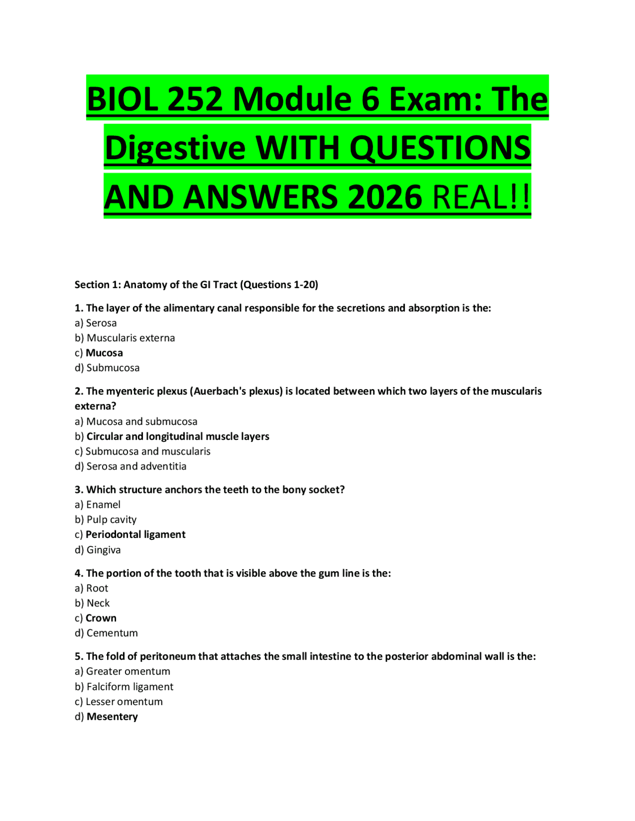 BIOL 252 Human Anatomy & Physiology II | Module 6 Digestive System Exam ...