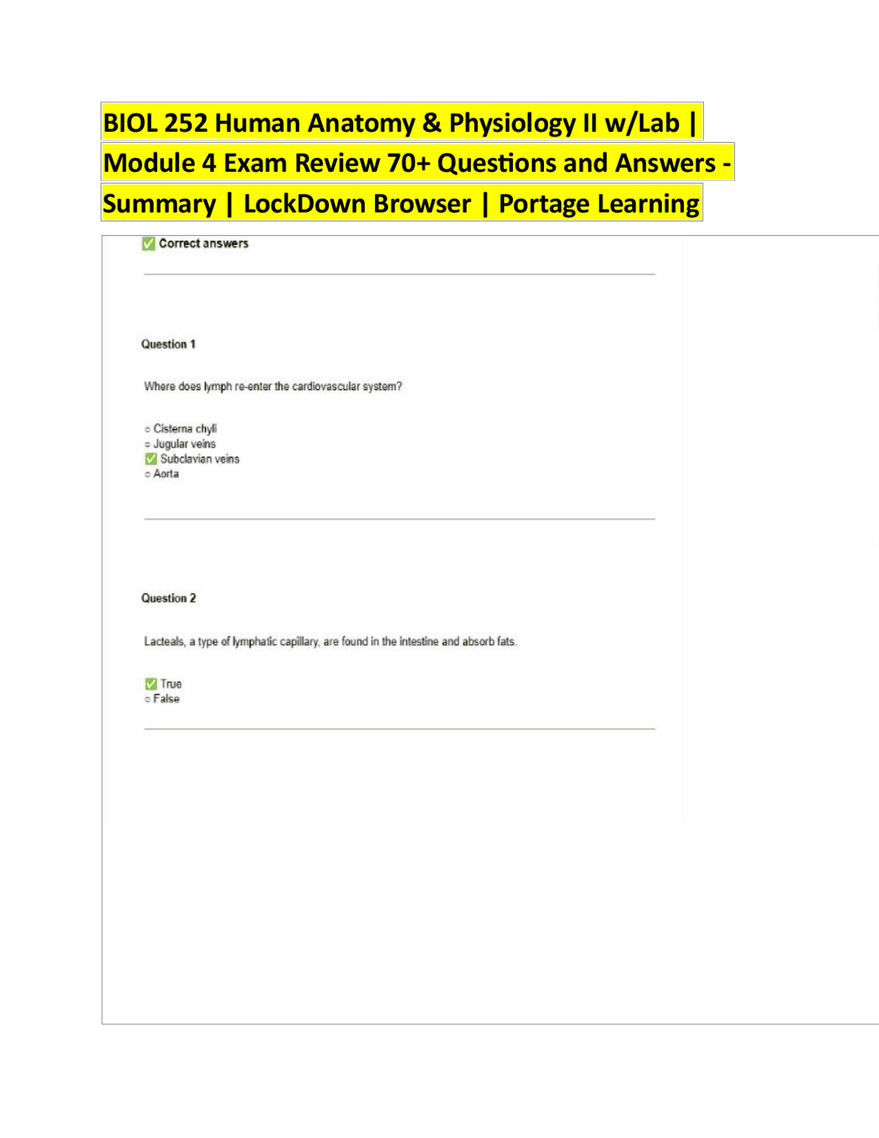 BIOL 252 Human Anatomy & Physiology II w/Lab – Module 4 Exam Review 70 ...