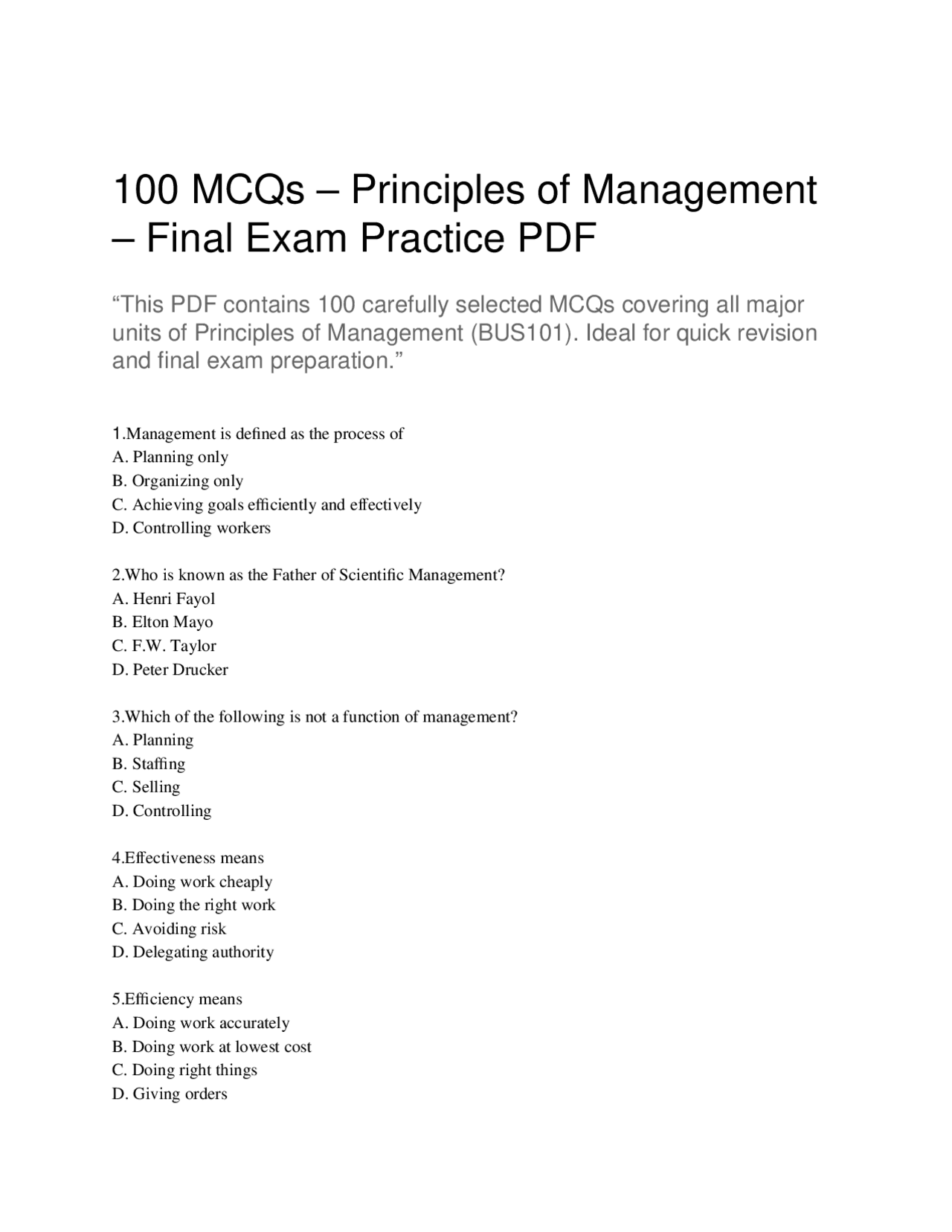 Principles of Management (BUS101) – 100 MCQs with Answers | Final Exam ...