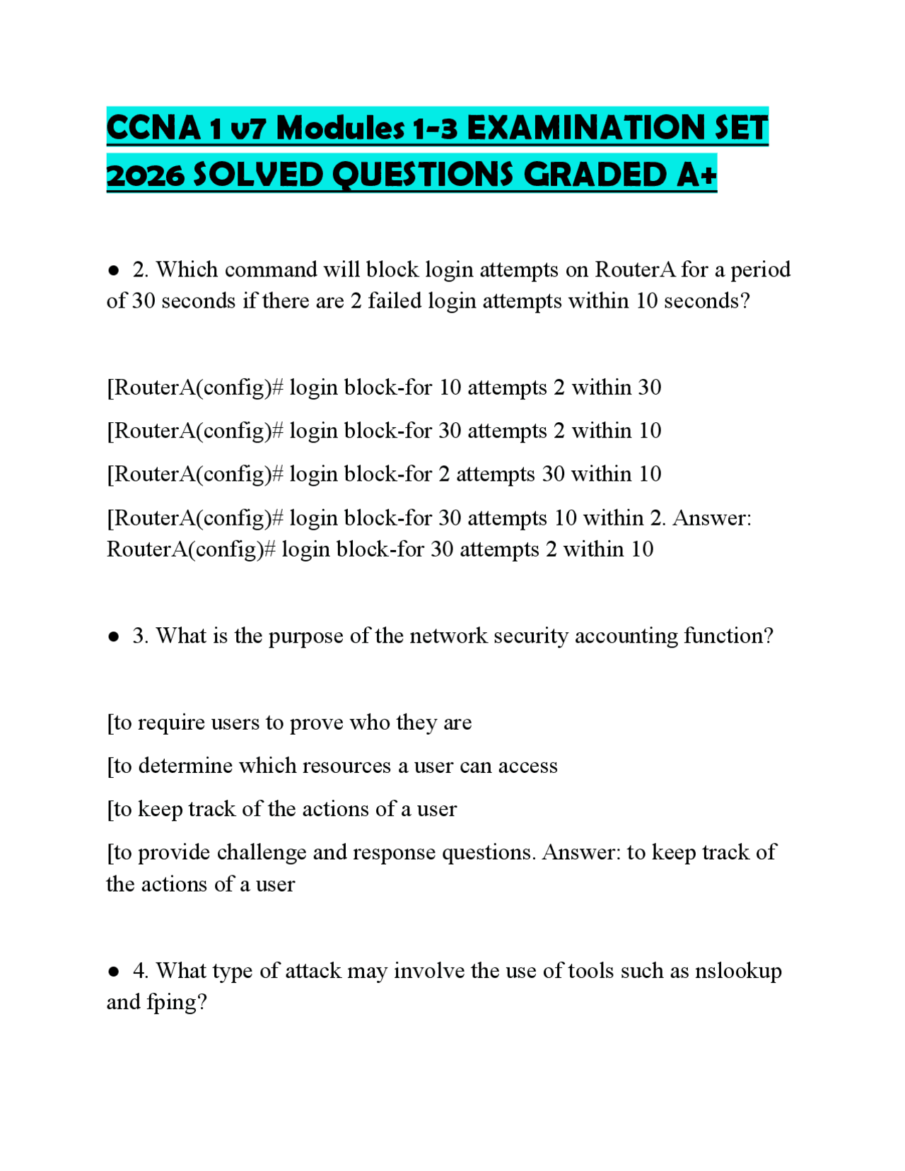 CCNA 1 v7 Modules 1-3 EXAMINATION SET 2026 SOLVED QUESTIONS GRADED A+ ...