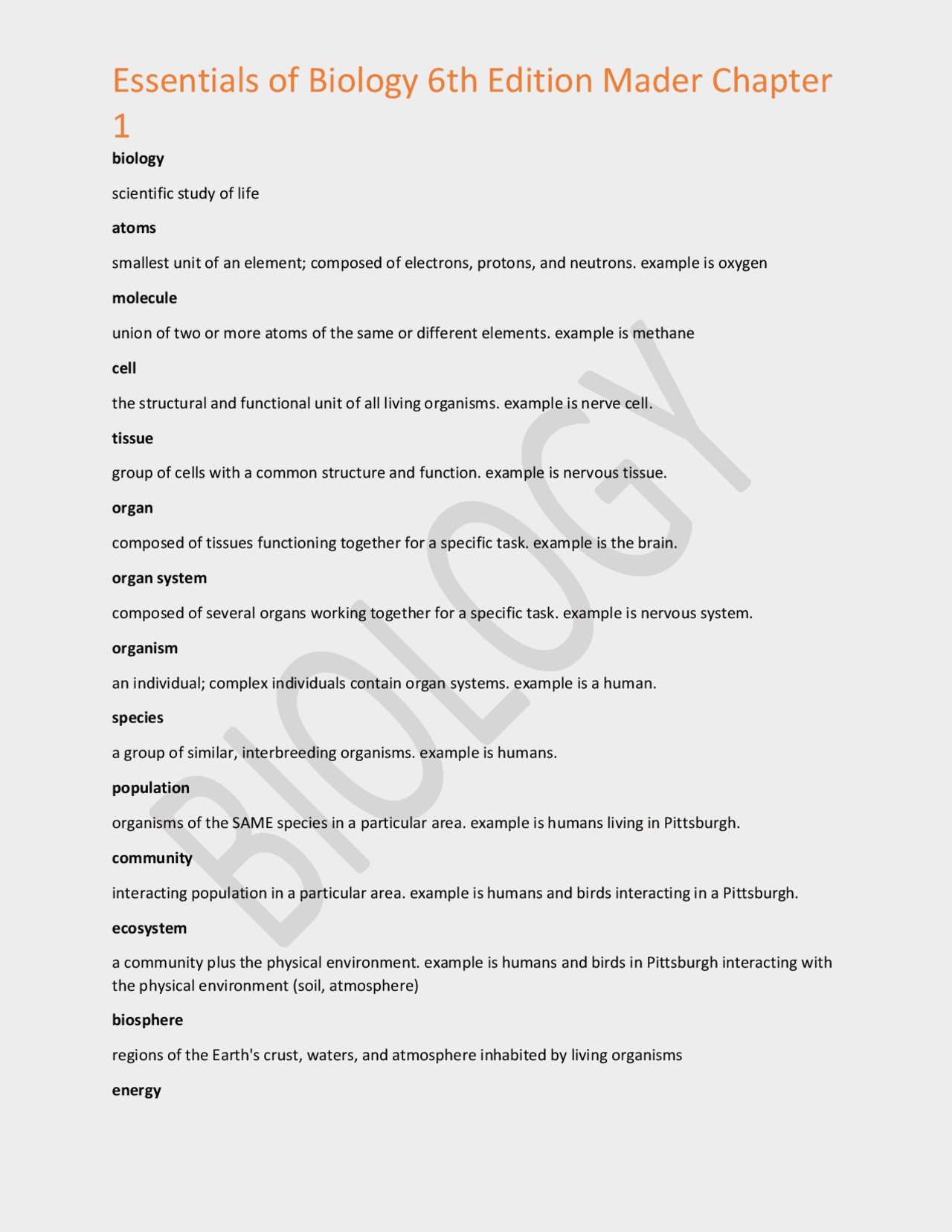 Essentials of Biology 6th Edition Mader Chapter 1 | Exams Nursing | Docsity