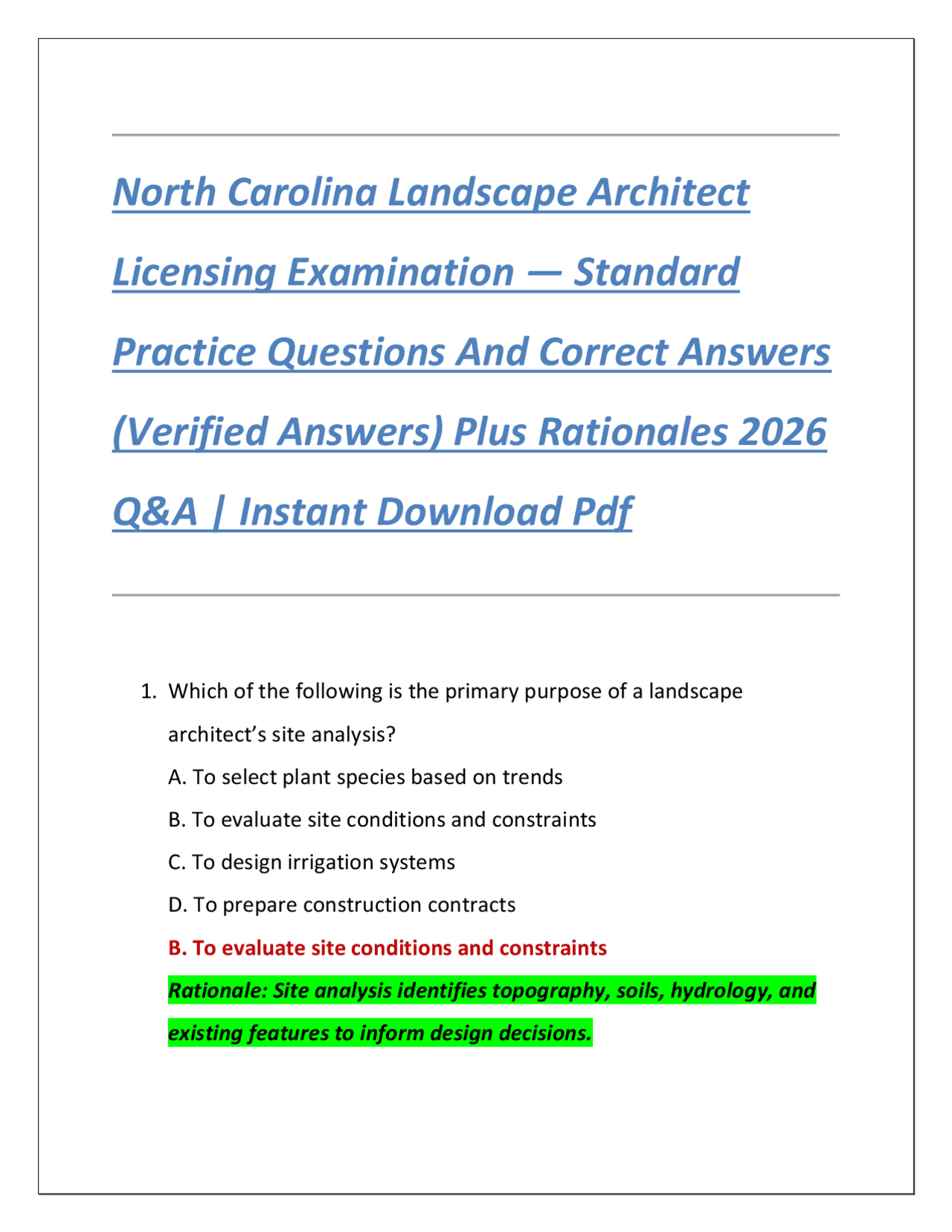North Carolina Landscape Architect Licensing Examination — Standard ...