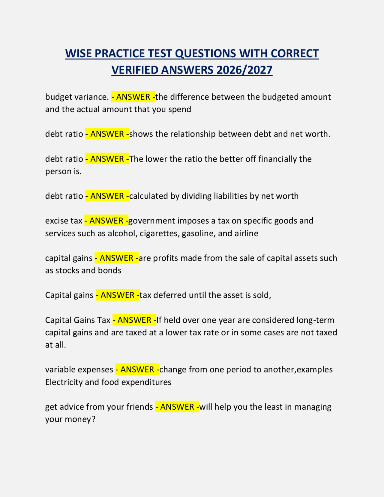 WISE PRACTICE TEST QUESTIONS WITH CORRECT VERIFIED ANSWERS 2026/2027 ...