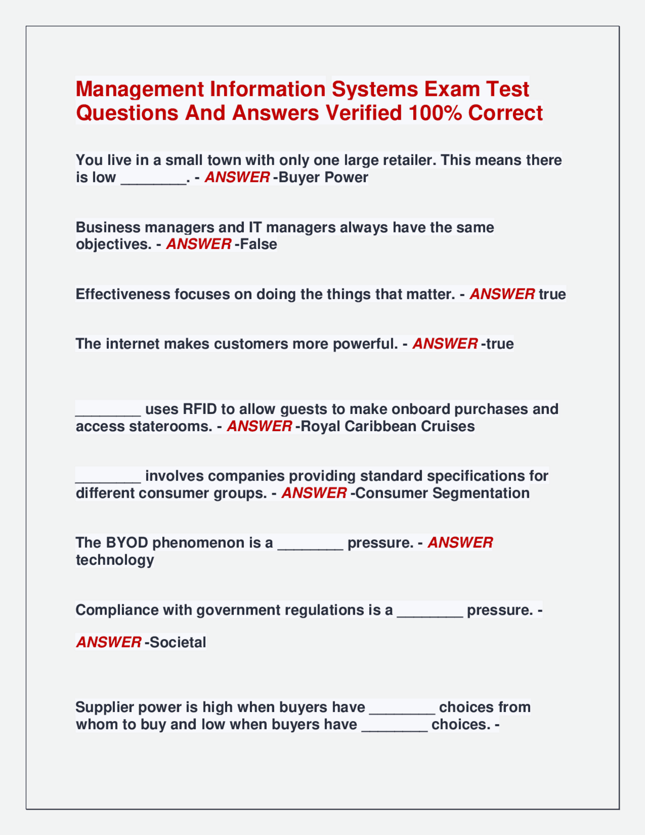 Management Information Systems Exam Test Questions And Answers Verified ...