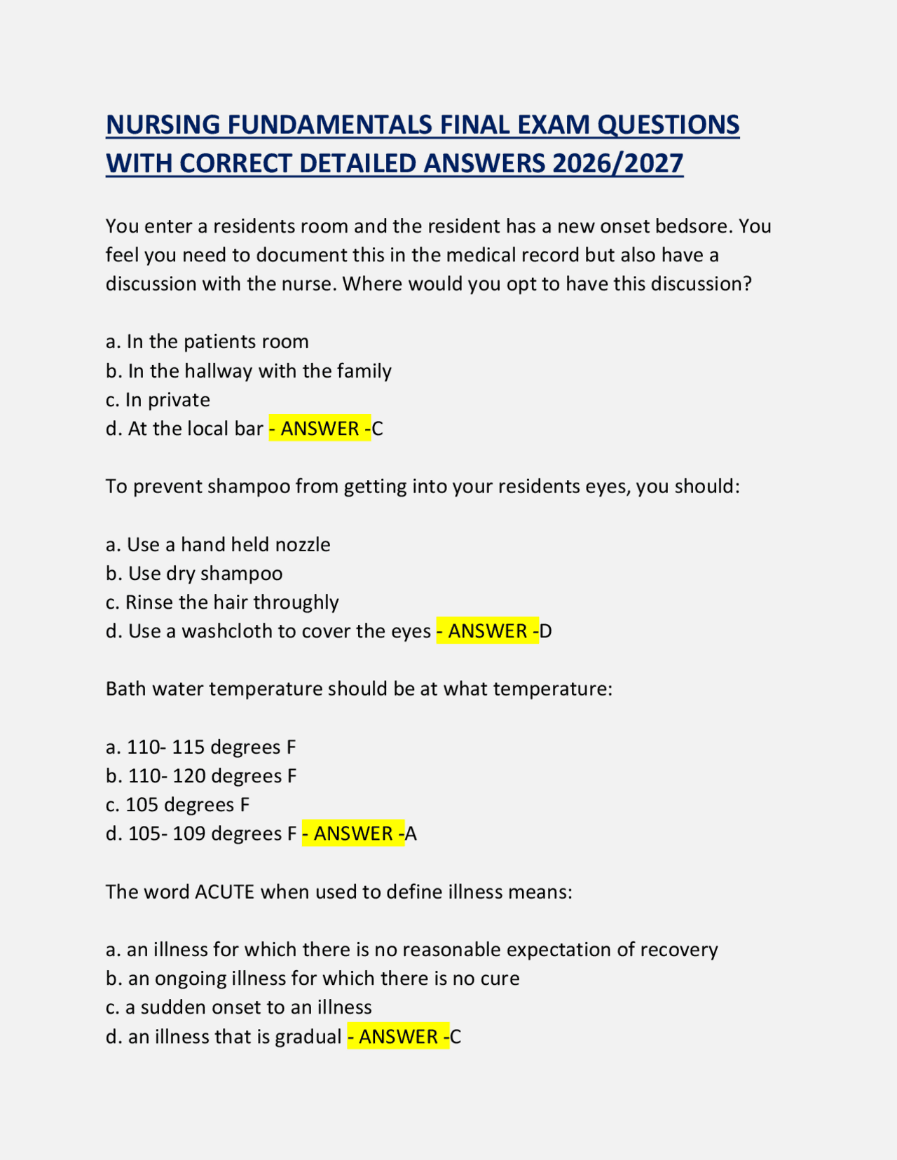 NURSING FUNDAMENTALS FINAL EXAM QUESTIONS WITH CORRECT DETAILED ANSWERS ...