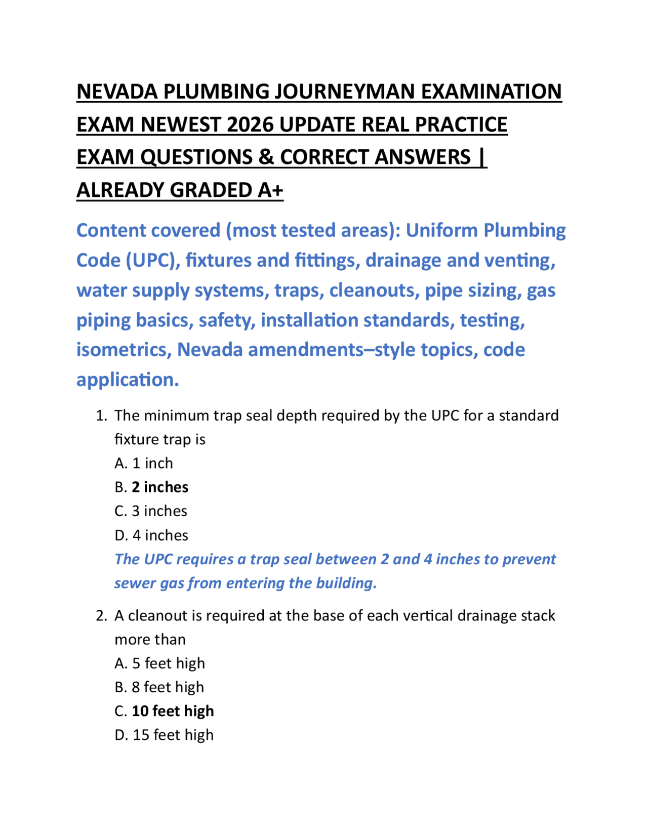 NEVADA PLUMBING JOURNEYMAN EXAMINATION EXAM NEWEST 2026 UPDATE REAL