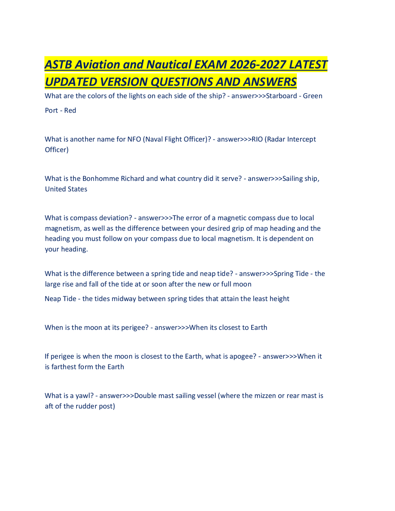 ASTB Aviation and Nautical EXAM 2026-2027 LATEST UPDATED VERSION ...