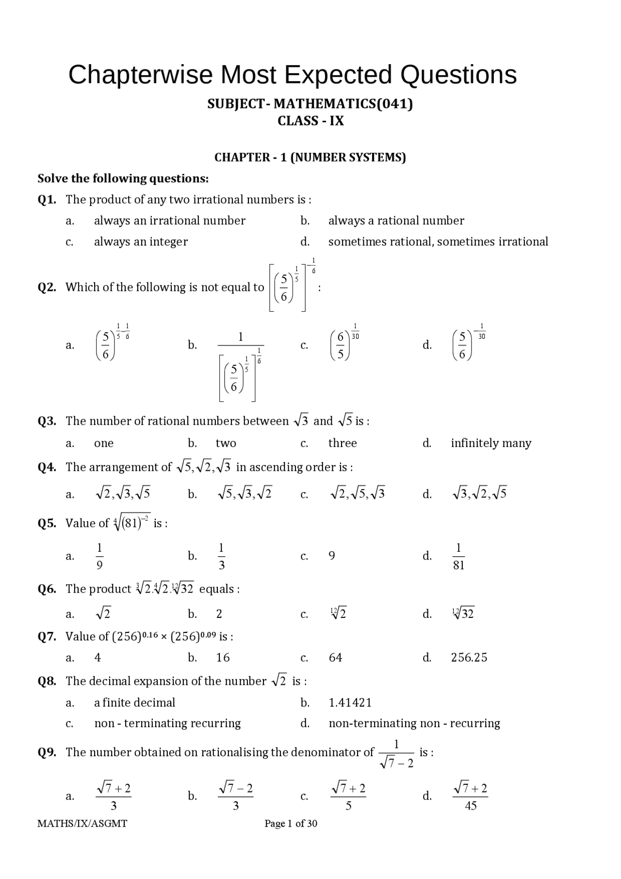 Class 9 Maths Most Expected Questions (CBSE) Chapter-wise Revision ...