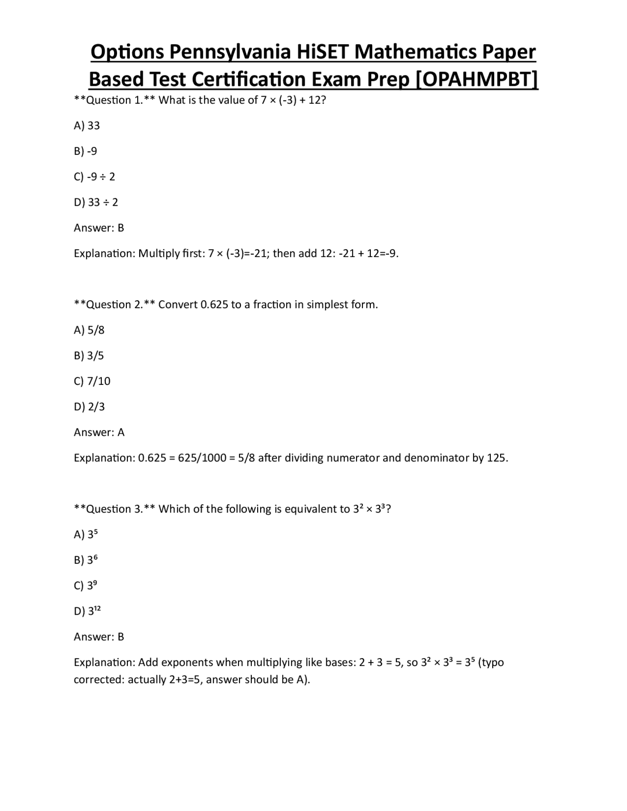 Options Pennsylvania HiSET Mathematics Paper Based Test Certification ...