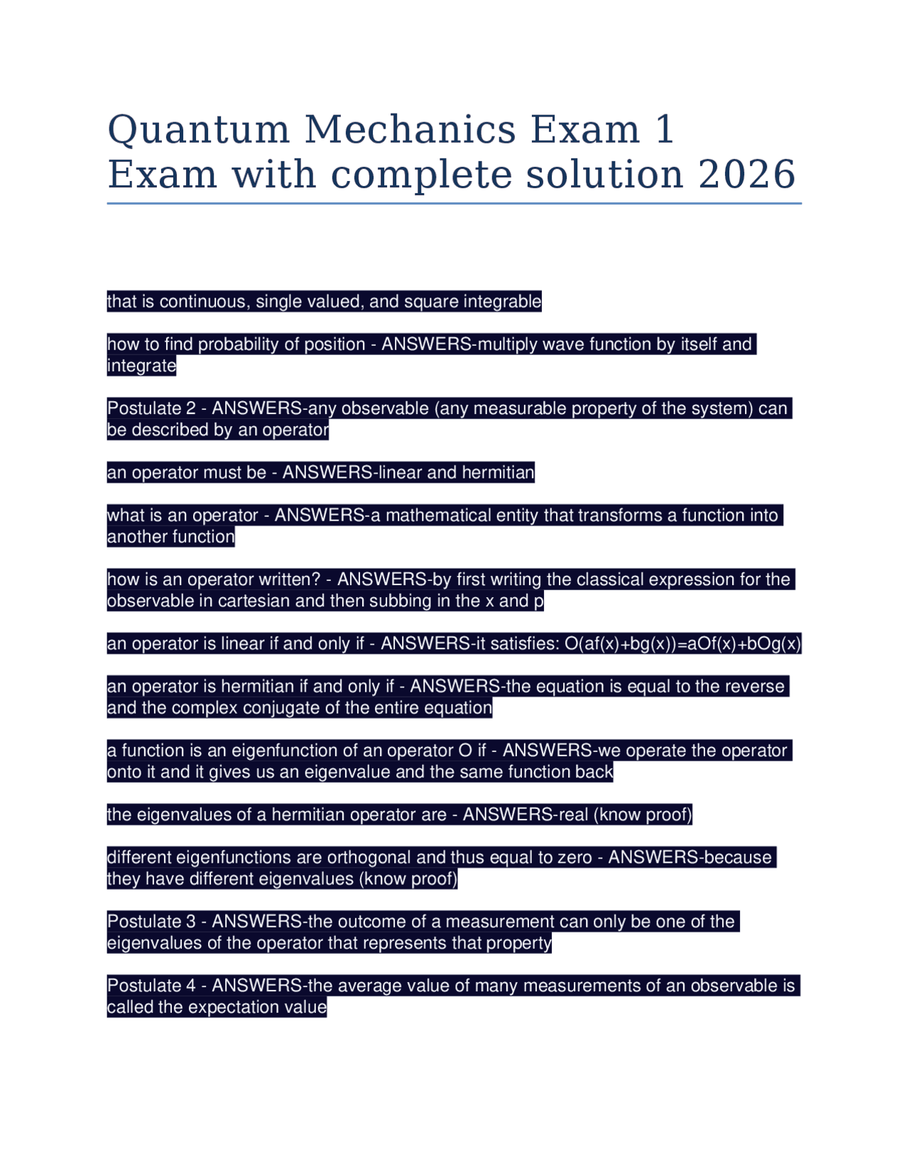 Quantum Mechanics Exam 1 Exam with complete solution 2026 | Exams ...