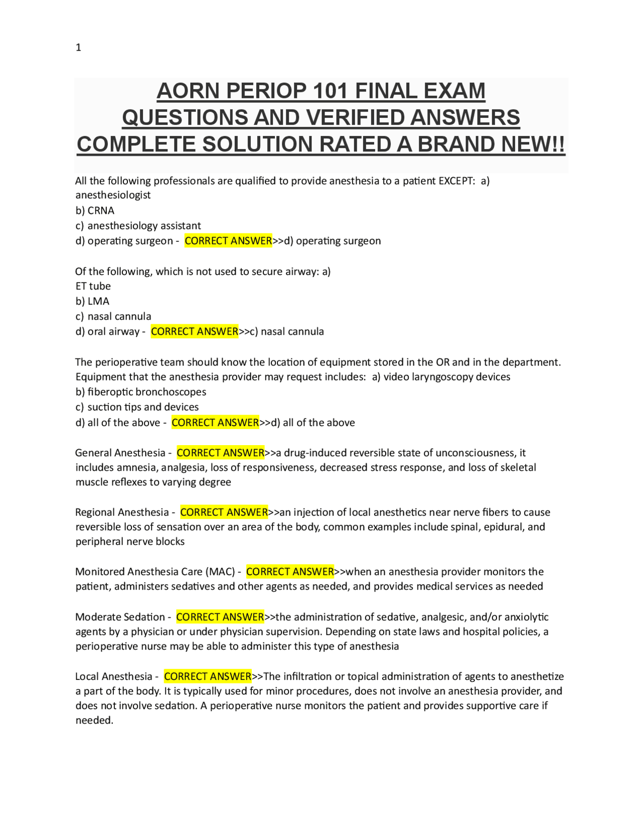 AORN PERIOP 101 FINAL EXAM QUESTIONS AND VERIFIED ANSWERS | Exams ...