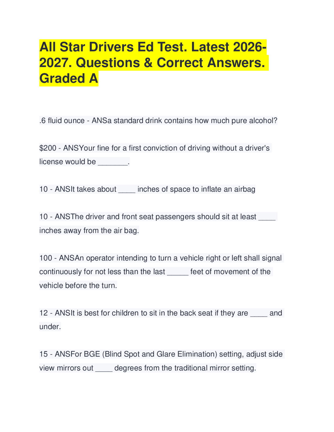 All Star Drivers Ed Test. Latest 2026-2027. Questions & Correct Answers ...