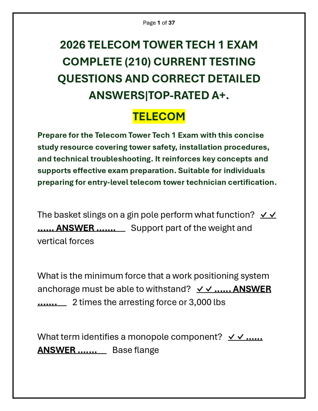 2026 TELECOM TOWER TECH 1 EXAM QUESTION AND ANSWER | Exams ...