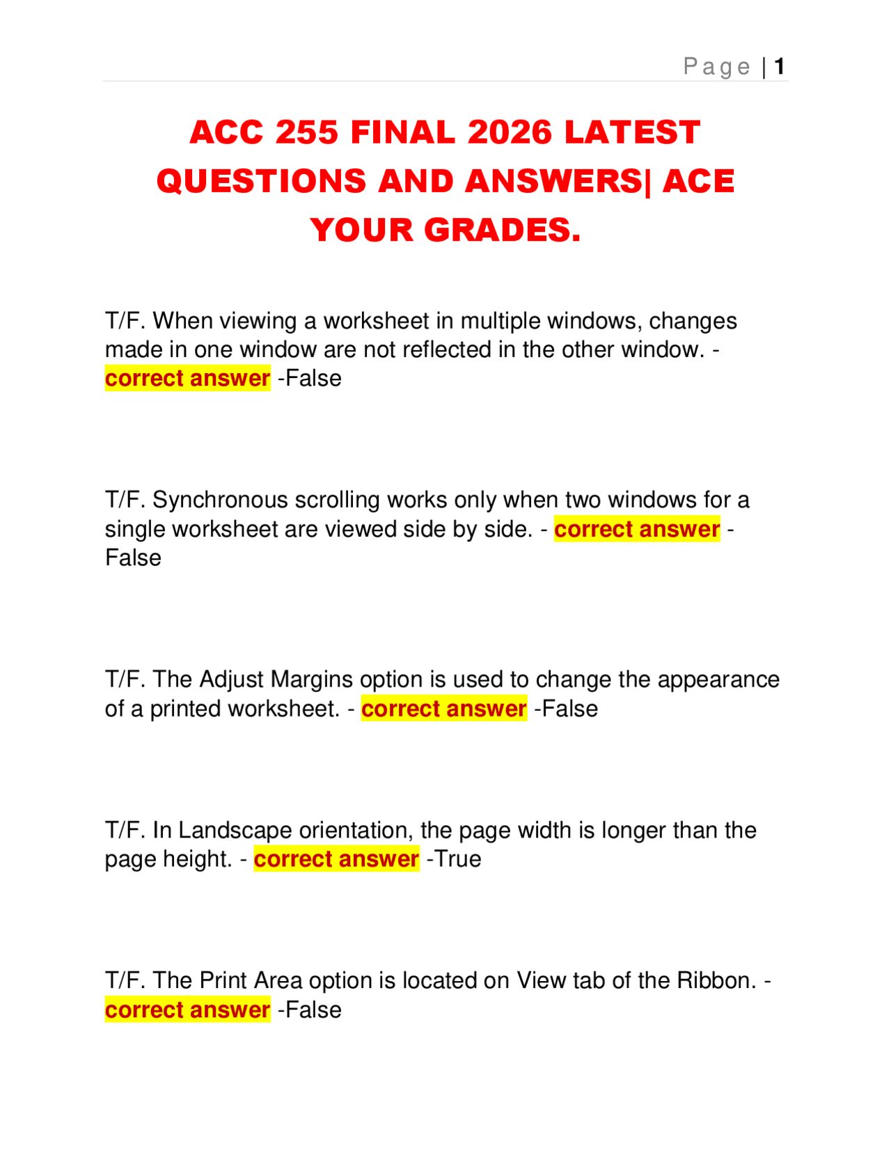 ACC 255 FINAL 2026 LATEST QUESTIONS AND ANSWERS| ACE YOUR GRADES ...