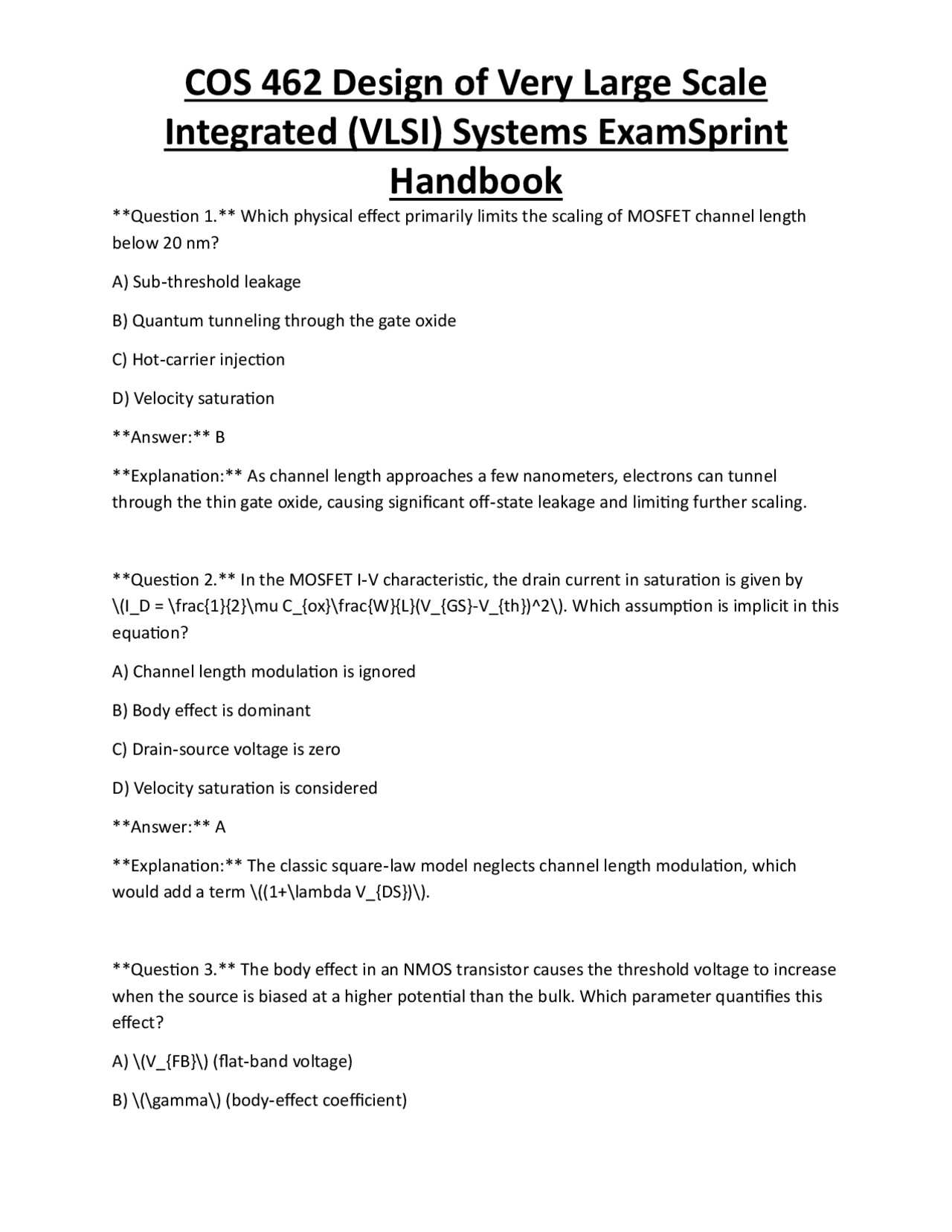 COS 462 Design of Very Large Scale Integrated (VLSI) Systems ExamSprint ...