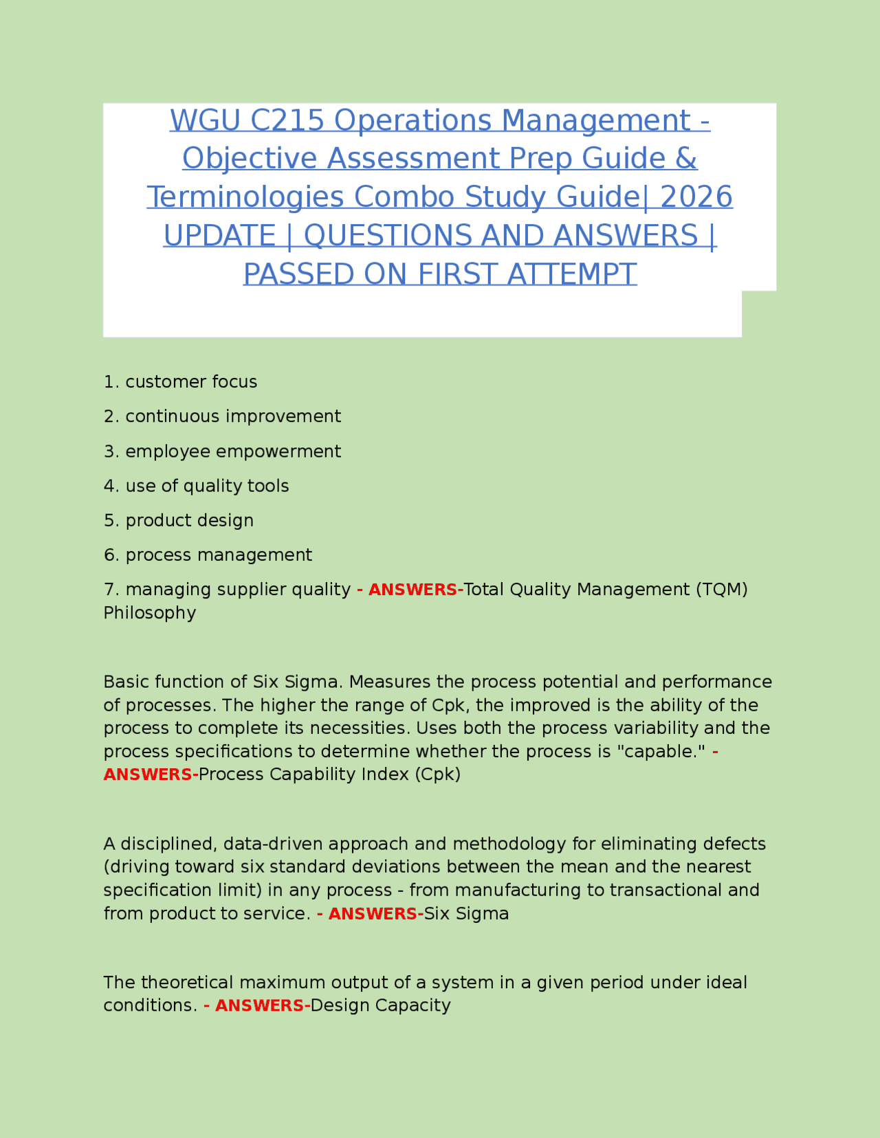 WGU C215 OPERATIONS MANAGEMENT | OBJECTIVE ASSESSMENT & TERMINOLOGIES ...