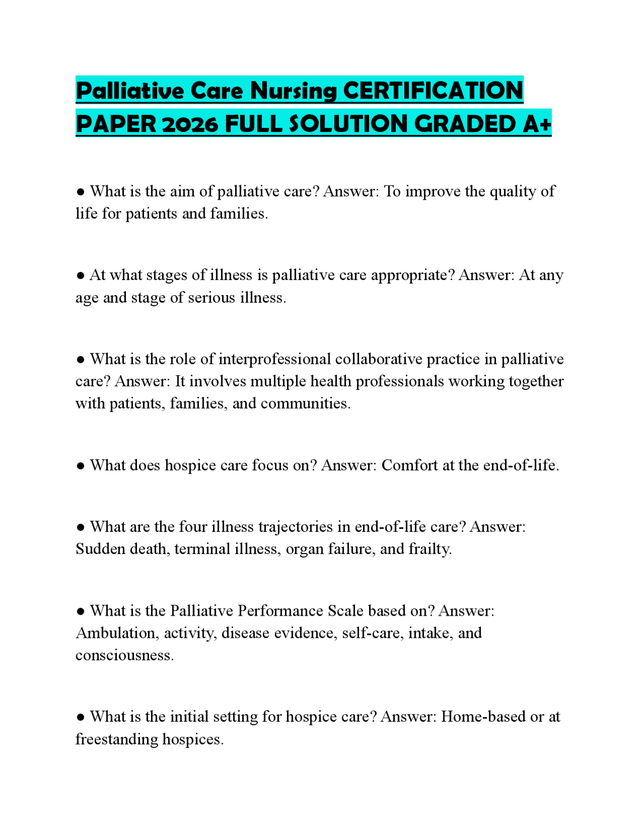 Palliative Care Nursing CERTIFICATION PAPER 2026 FULL SOLUTION GRADED A+ | Exams Nursing | Docsity