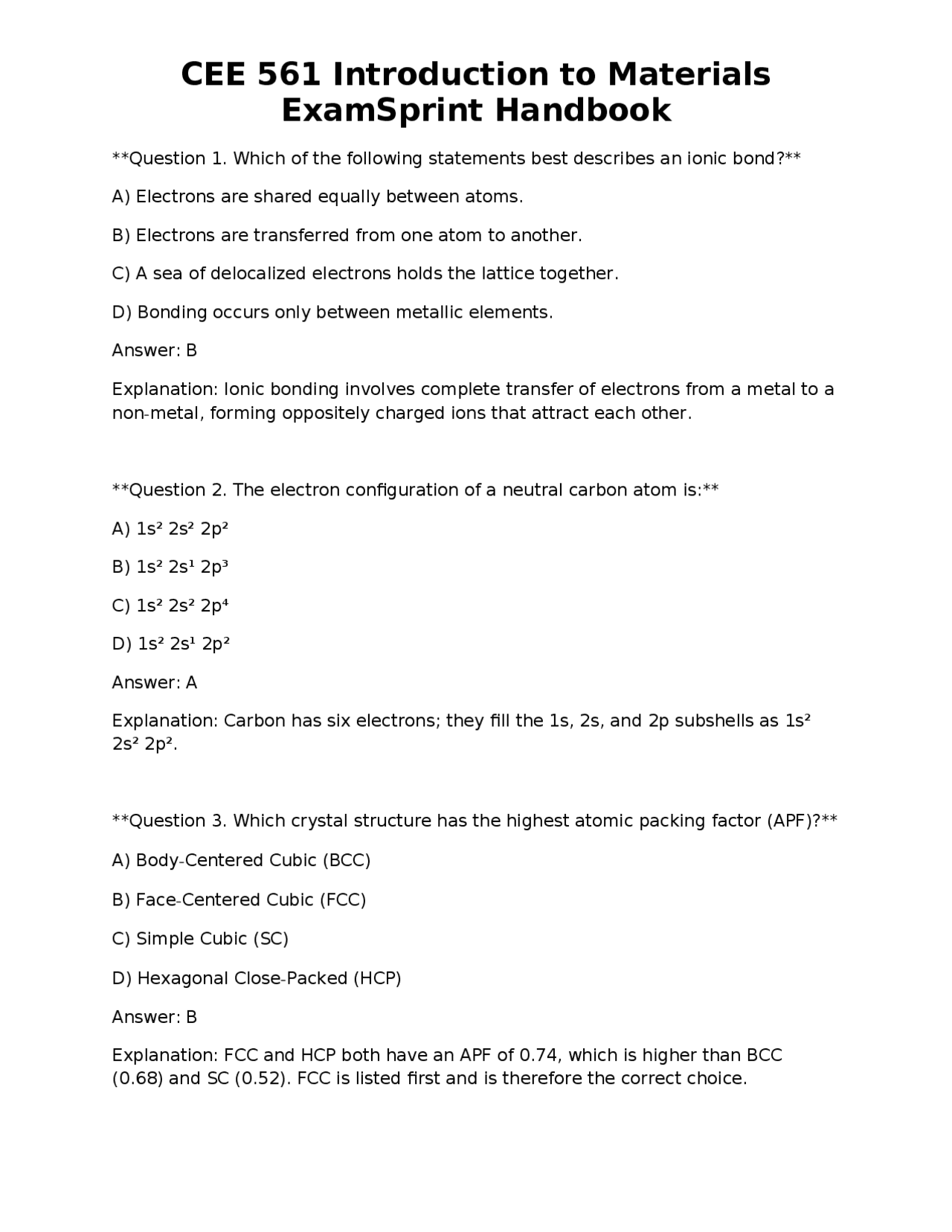 CEE 561 Introduction to Materials ExamSprint Handbook | Exams ...