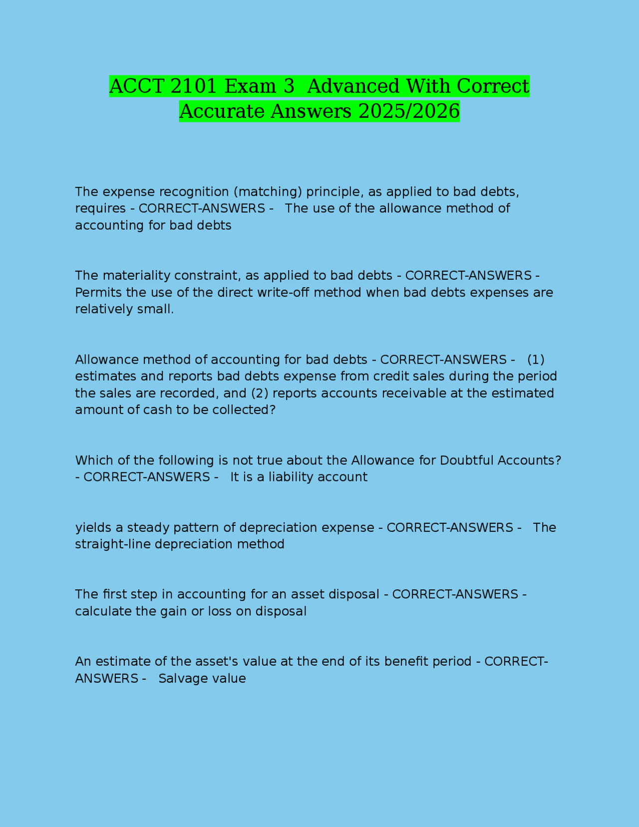 ACCT 2101 Exam 3 Advanced With Correct Accurate Answers 2025/2026 ...