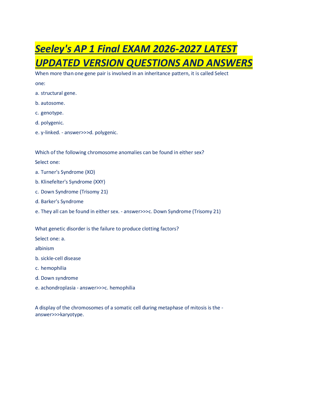Seeley's AP 1 Final EXAM 2026-2027 LATEST UPDATED VERSION QUESTIONS AND ...