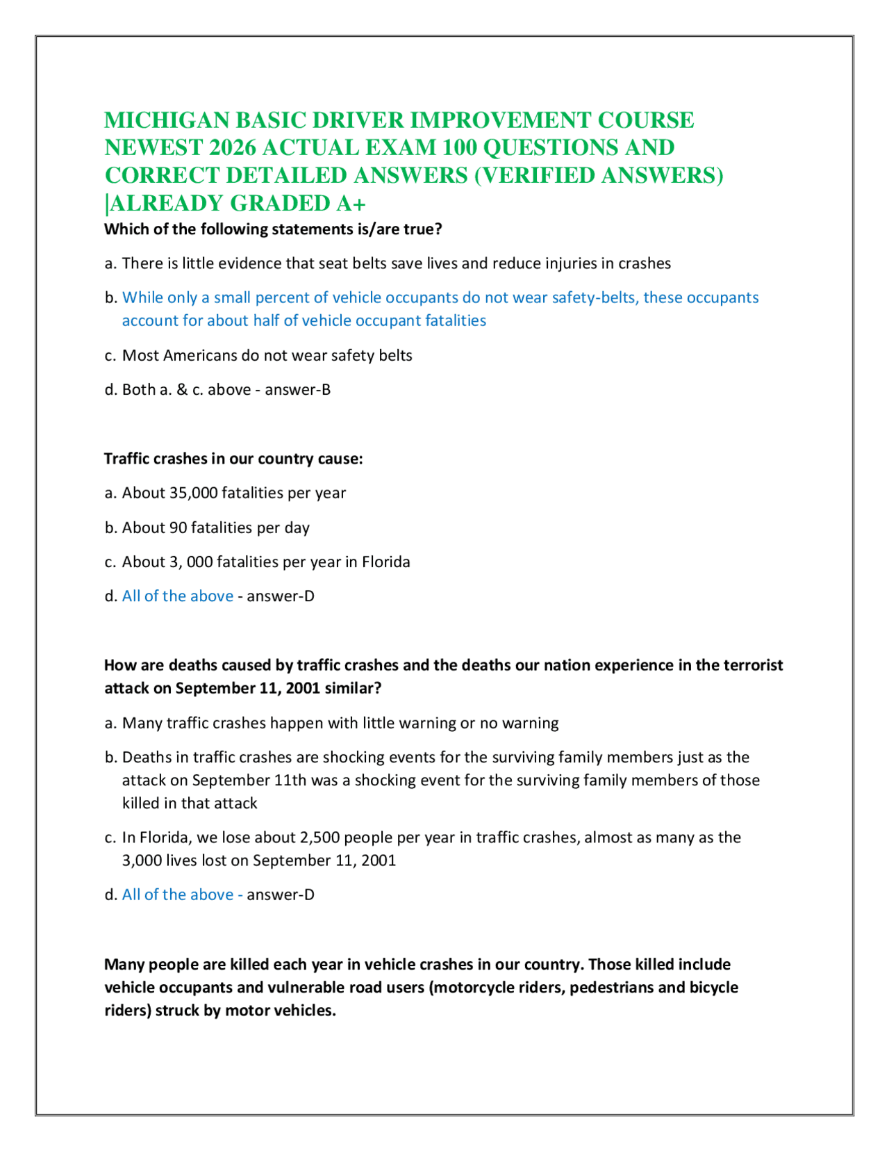 MICHIGAN BASIC DRIVER IMPROVEMENT COURSE NEWEST 2026 ACTUAL EXAM 100 ...