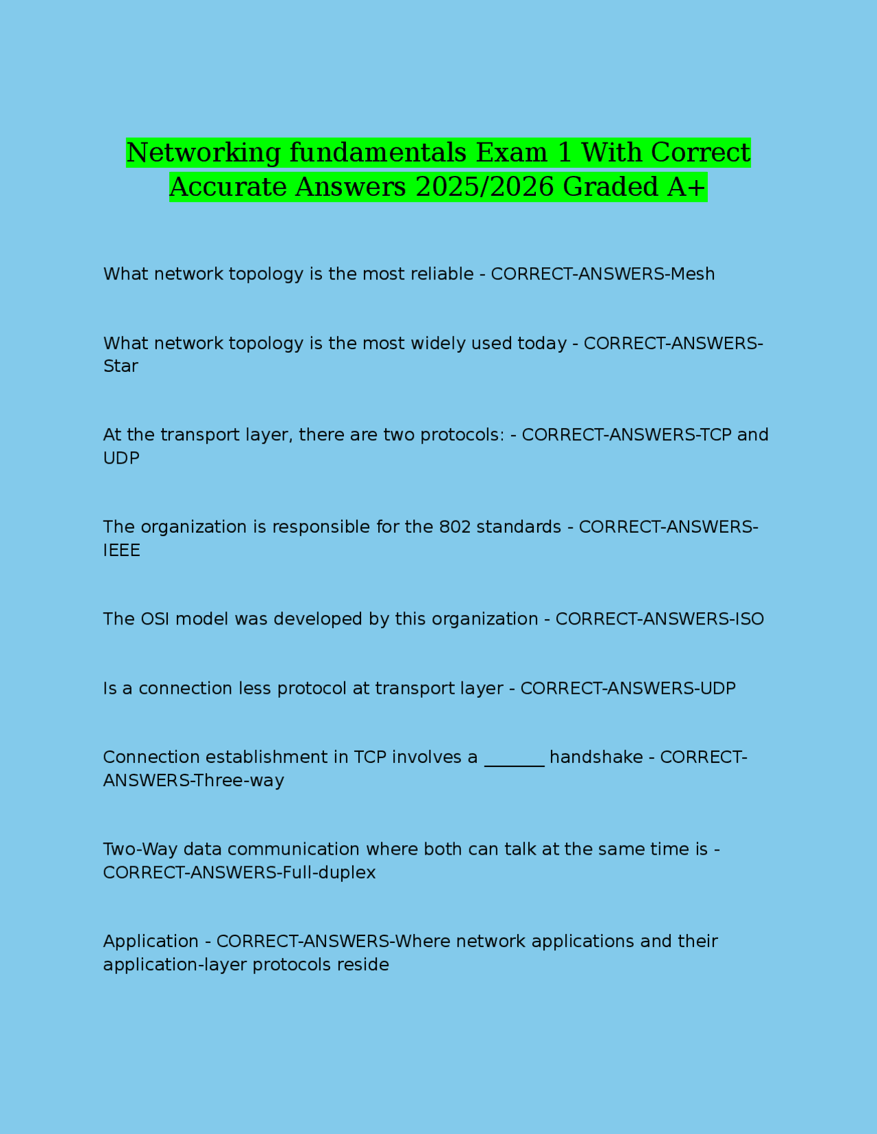 Networking fundamentals Exam 1 With Correct Accurate Answers 2025/2026 ...