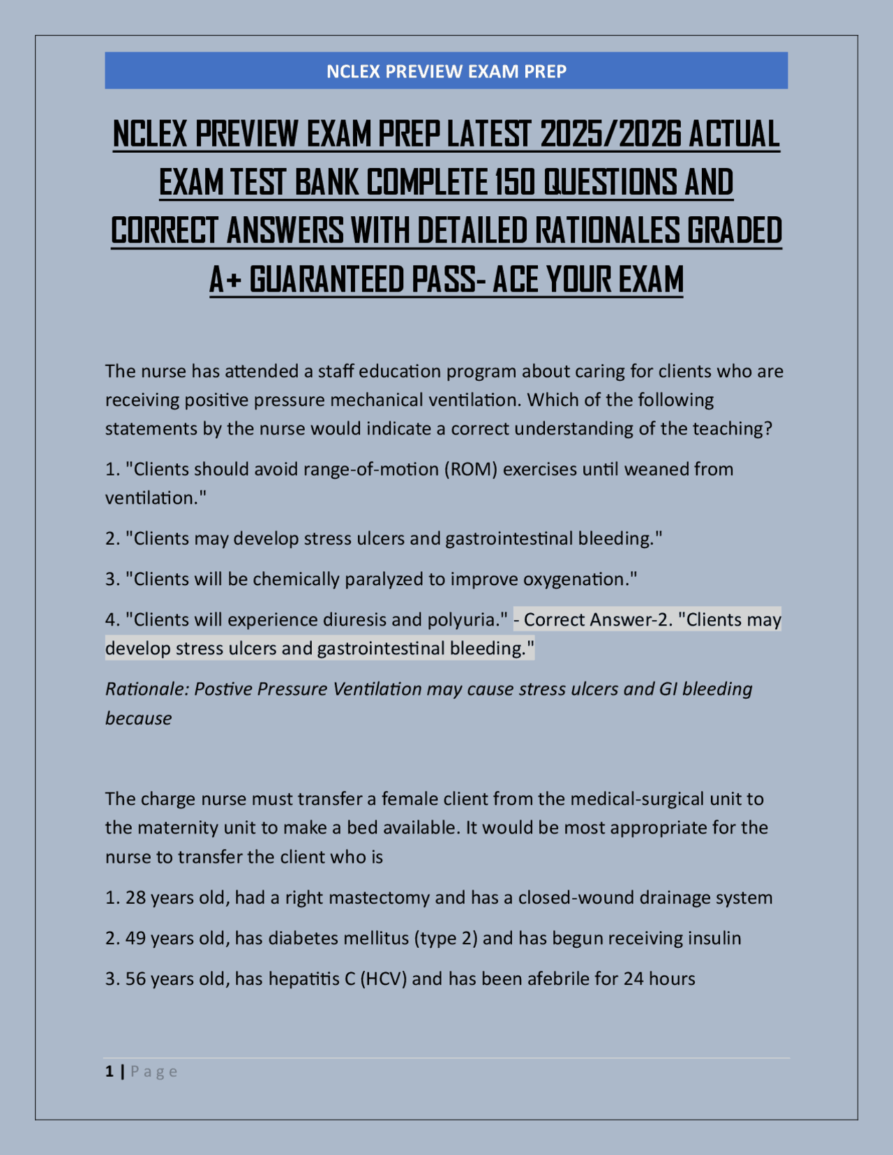 Preview Test NCLEX PREVIEW EXAM PREP LATEST 2025/2026 ACTUAL EXAM TEST BANK COMPLETE ...