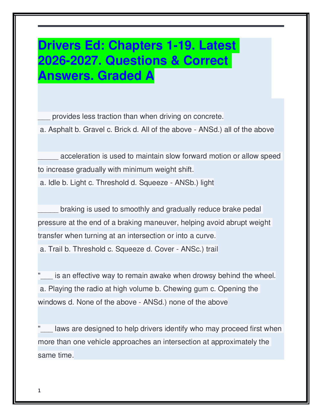 Drivers Ed: Ch 1-19. Latest 2026-2027. Questions & Answers. Graded A ...