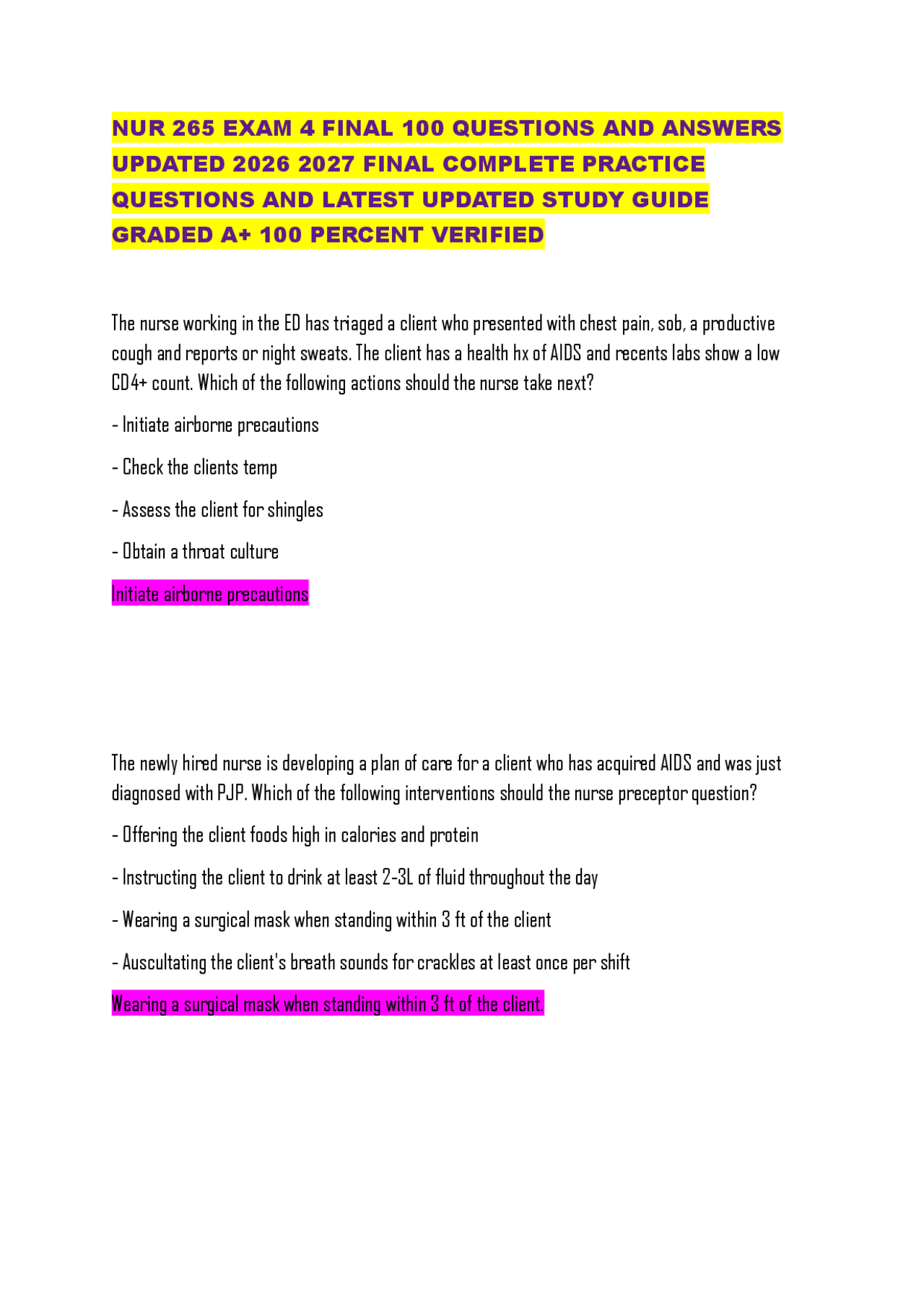 NUR 265 EXAM 4 FINAL 100 QUESTIONS AND ANSWERS UPDATED 2026 2027 FINAL ...
