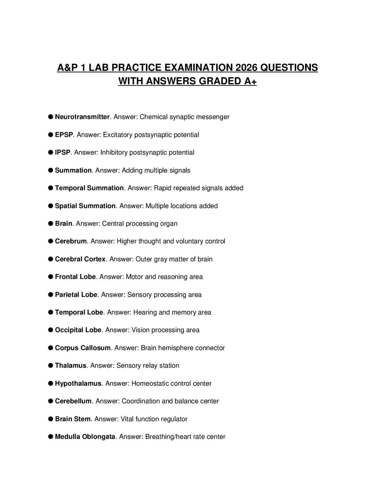 A&P 1 LAB PRACTICE EXAMINATION 2026 QUESTIONS WITH ANSWERS GRADED A+ ...