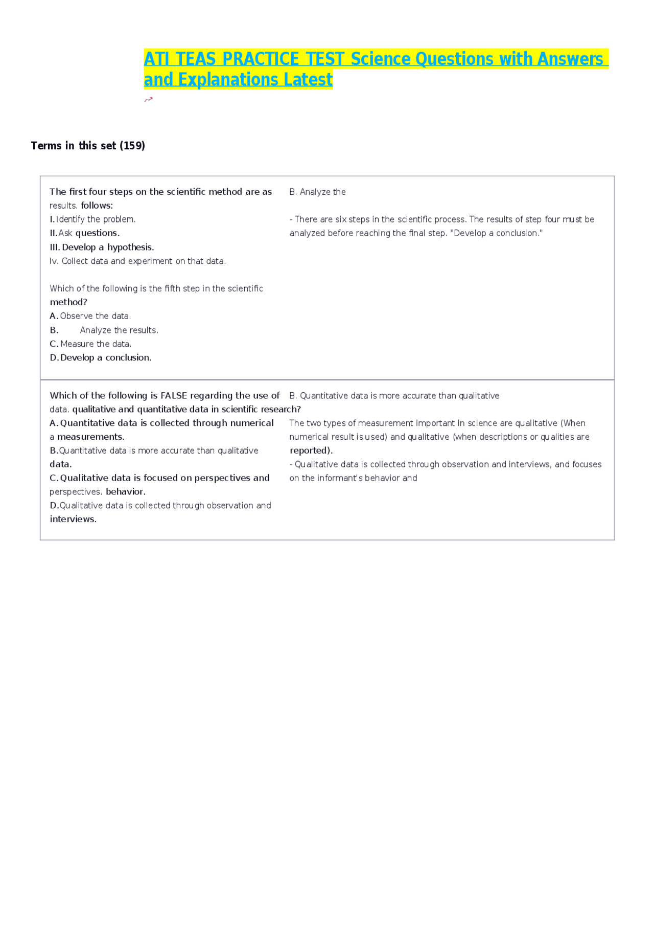 ATI TEAS PRACTICE TEST Science Flashcards _ Quizlet.docx | Exams ...
