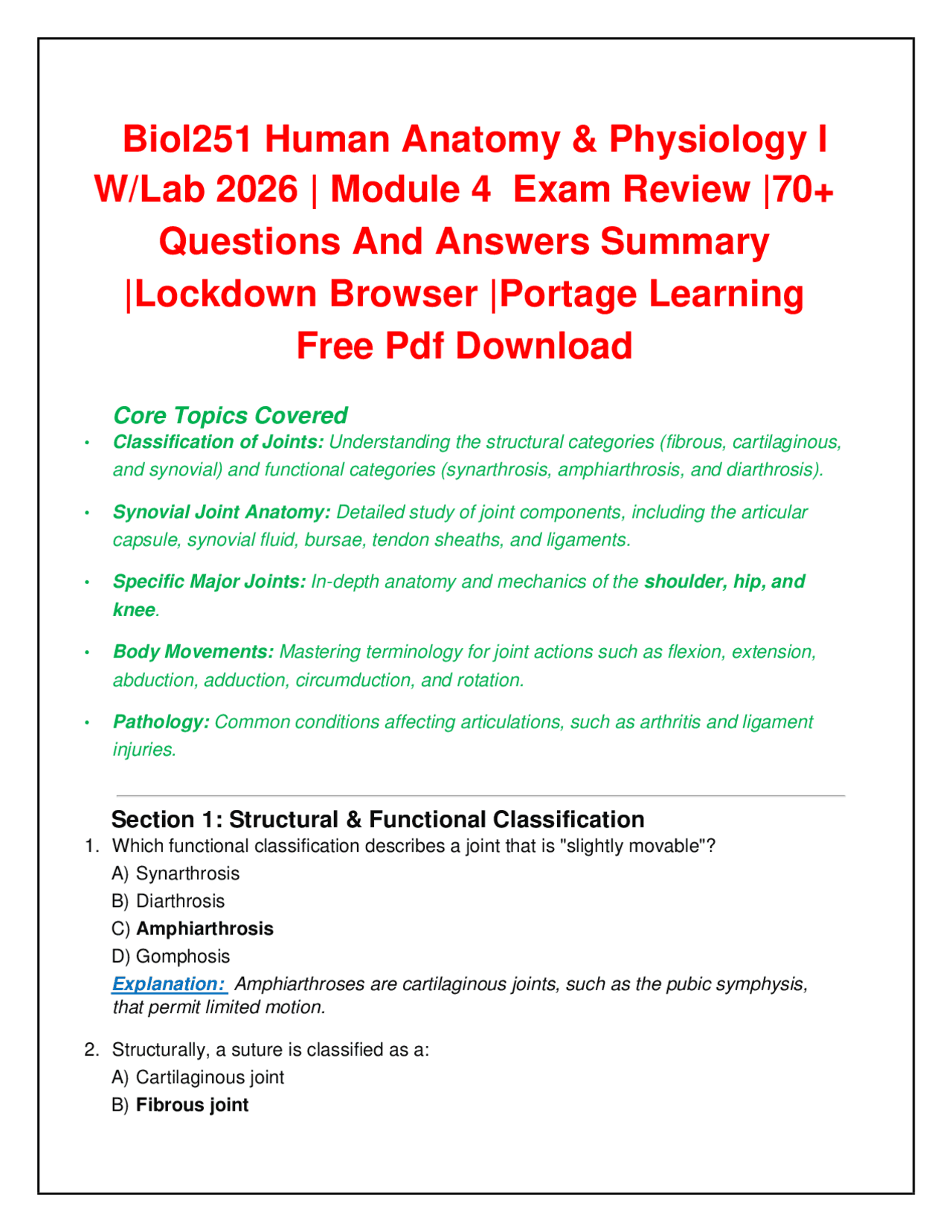 Biol251 Human Anatomy & Physiology I W/Lab 2026 | Module 4 Exam Review ...