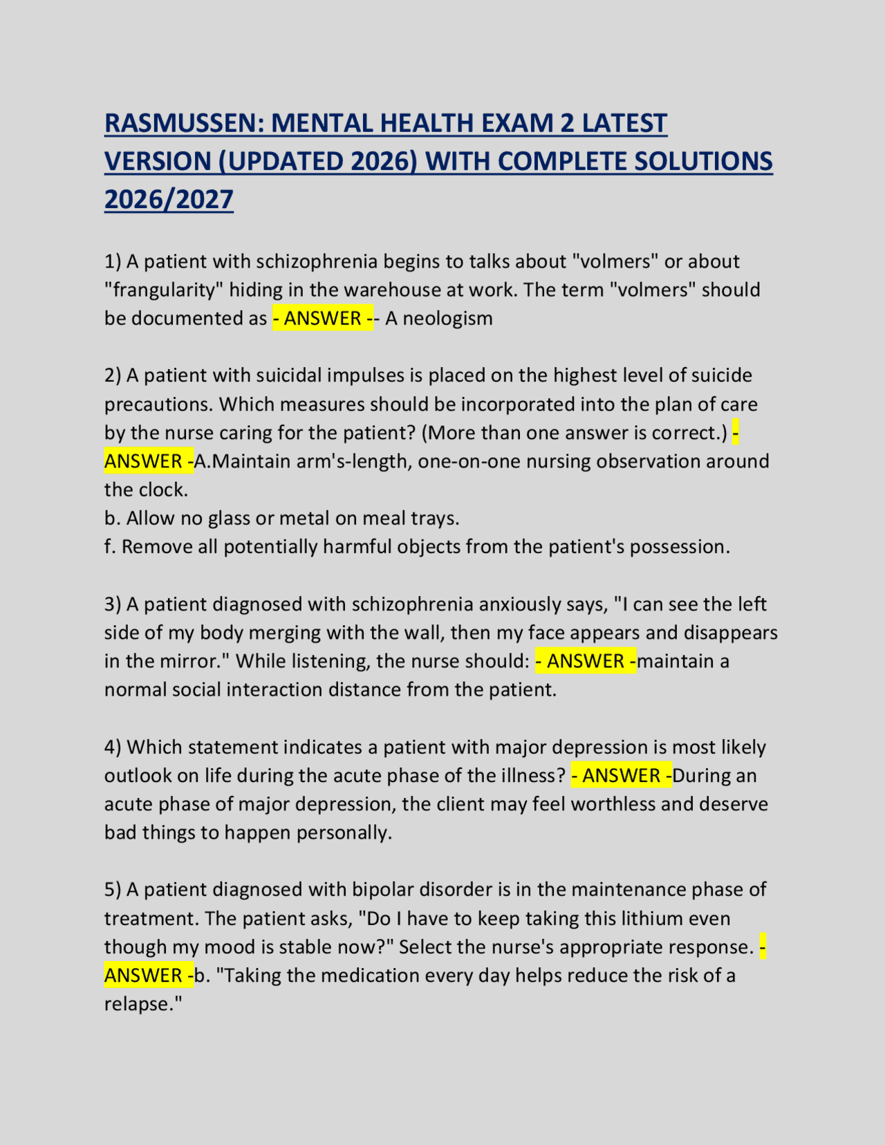 RASMUSSEN: MENTAL HEALTH EXAM 2 LATEST VERSION (UPDATED 2026) WITH ...