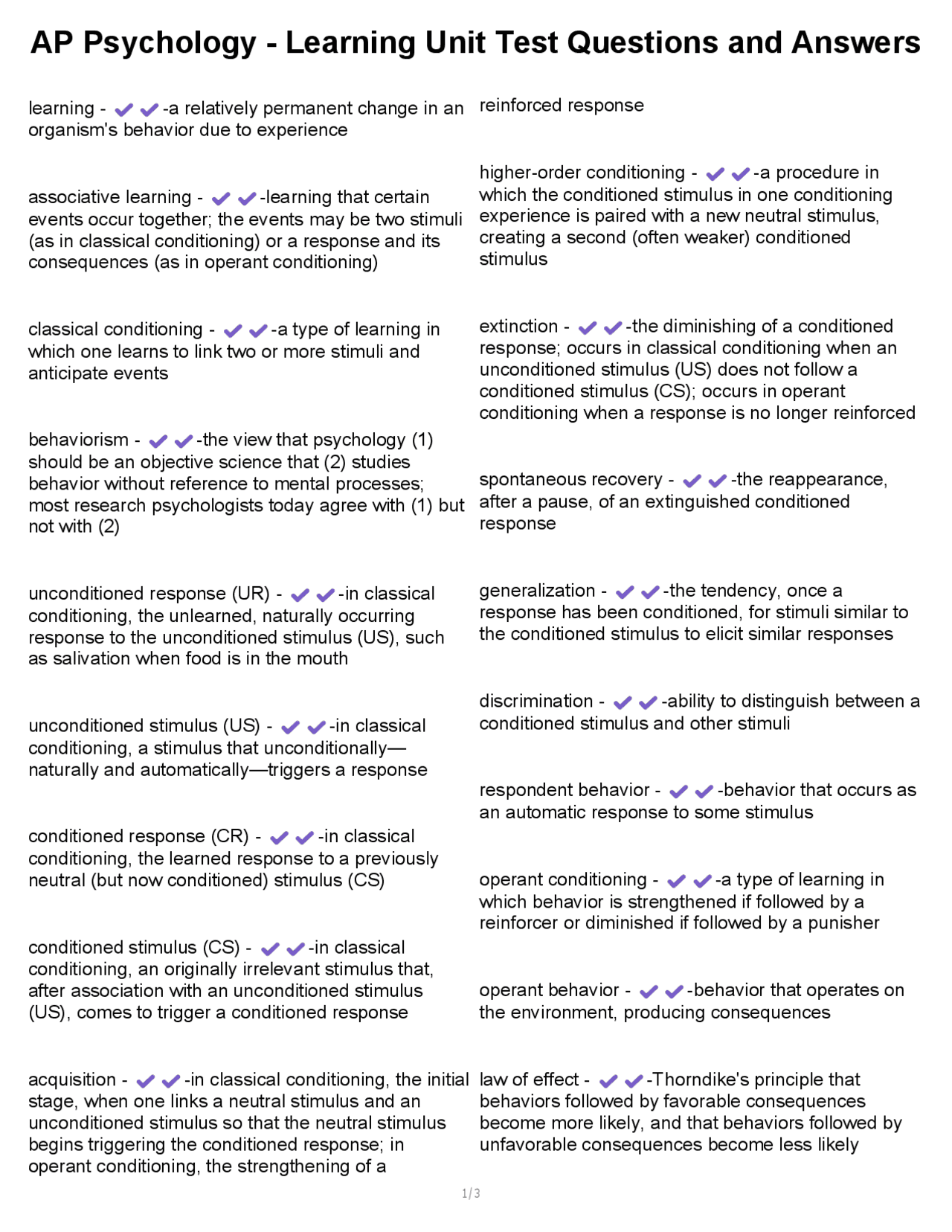 AP Psychology - Learning Unit Test Questions and Answers | Exams ...
